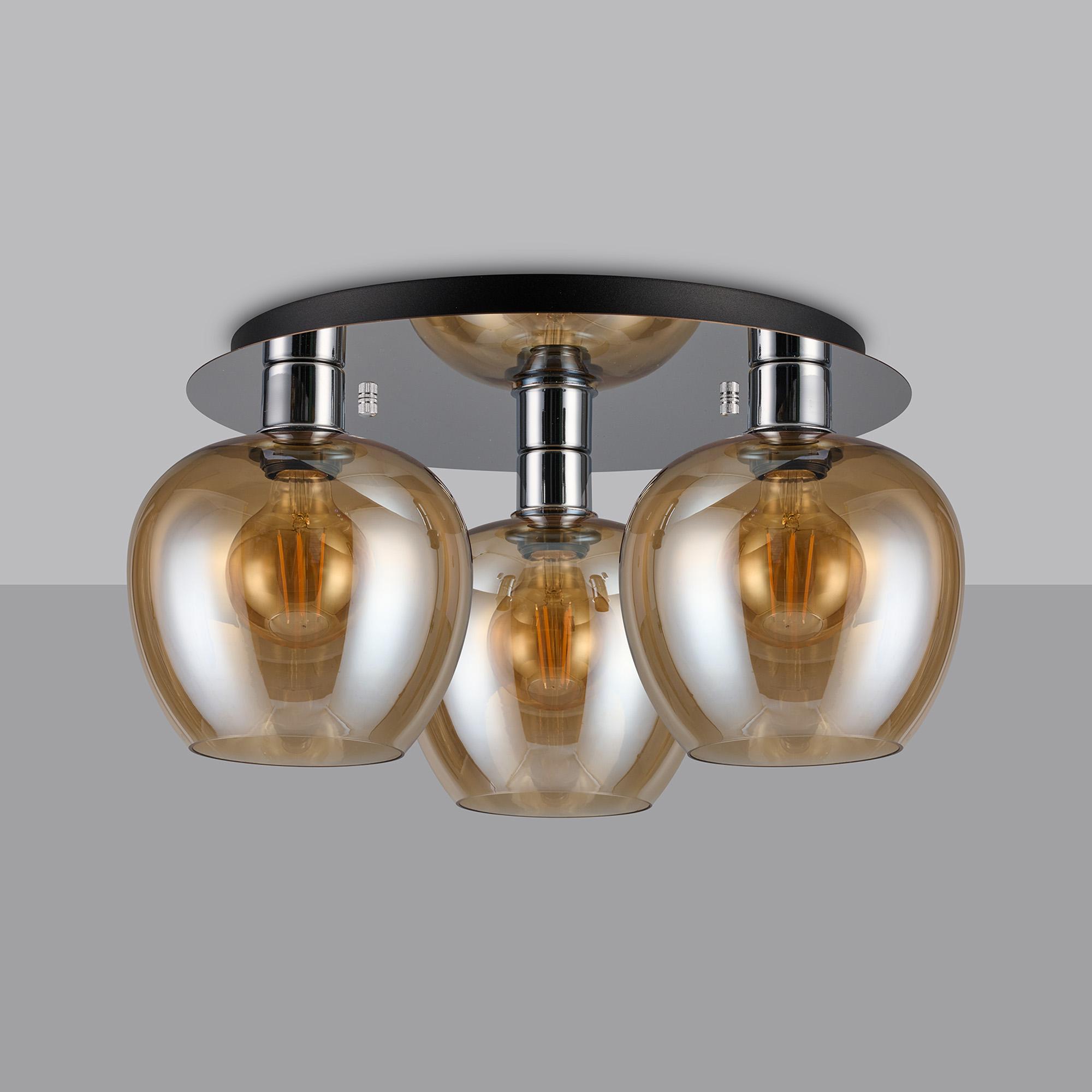 Lori 40cm Round Ceiling Flush, 3 Light Flush Fitting, Polished Chrome/Amber Wine Shades