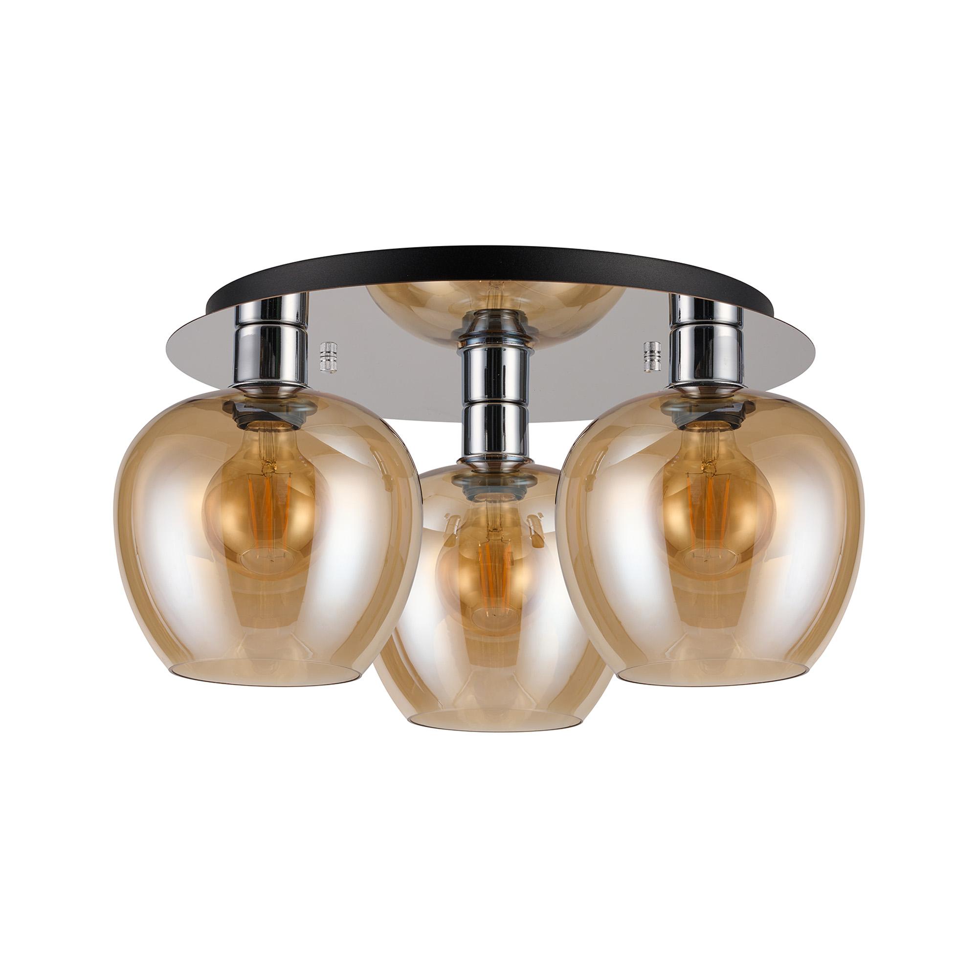 Lori 40cm Round Ceiling Flush, 3 Light Flush Fitting, Polished Chrome/Amber Wine Shades