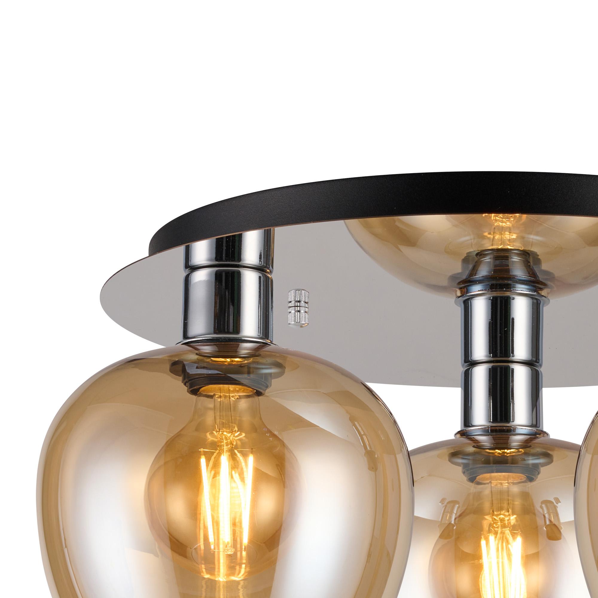 Lori 40cm Round Ceiling Flush, 3 Light Flush Fitting, Polished Chrome/Amber Wine Shades