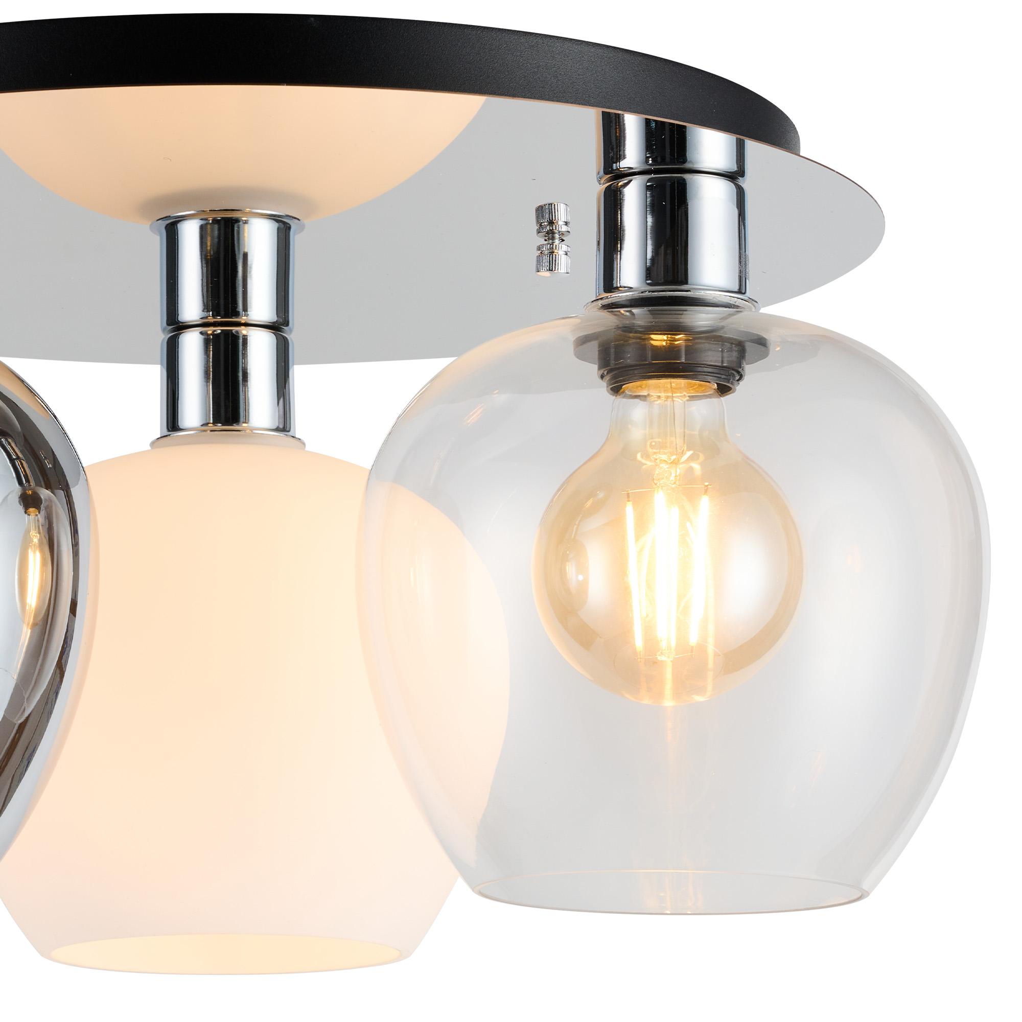 Lori 40cm Round Ceiling Flush, 3 Light Flush Fitting, Polished Chrome/Chrome/Opal/Clear Wine Shades