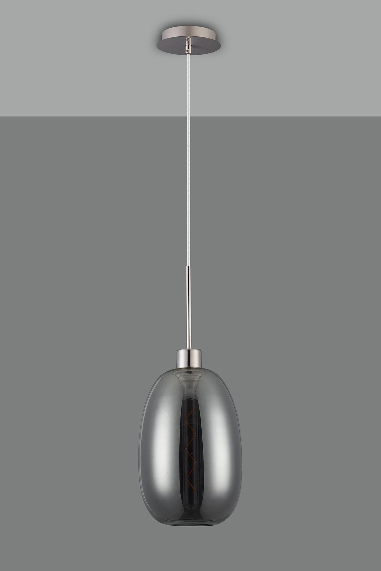 Lori 1.7m Single Pendant, 1 Light Adjustable E27, Satin Nickel/Smoke Slim Curved Trapezium Shades
