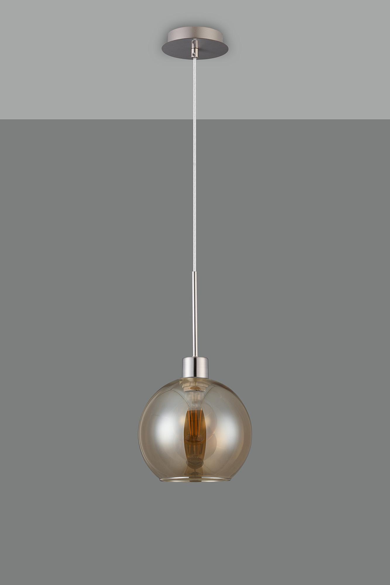 Lori 1.7m Single Pendant, 1 Light Adjustable E27, Satin Nickel/Amber Open Mouth Round Globe Shades