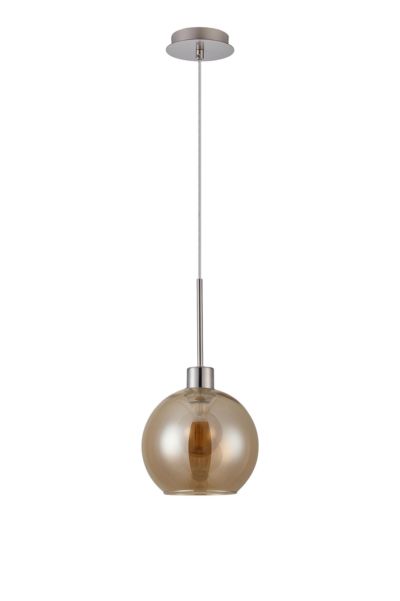 Lori 1.7m Single Pendant, 1 Light Adjustable E27, Satin Nickel/Amber Open Mouth Round Globe Shades