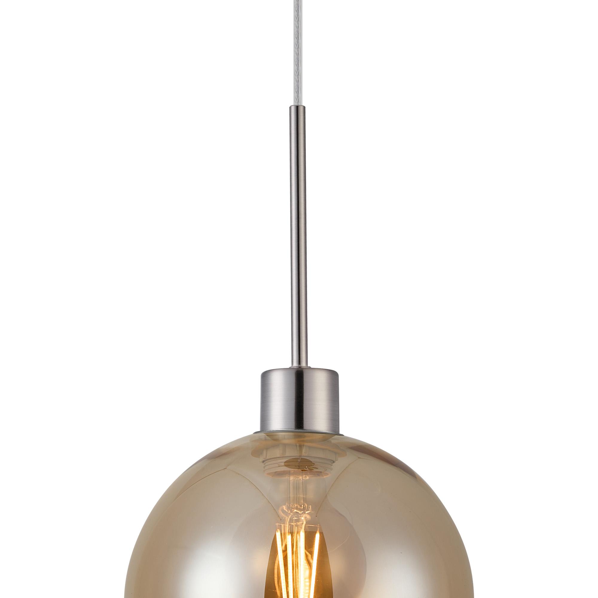 Lori 1.7m Single Pendant, 1 Light Adjustable E27, Satin Nickel/Amber Open Mouth Round Globe Shades