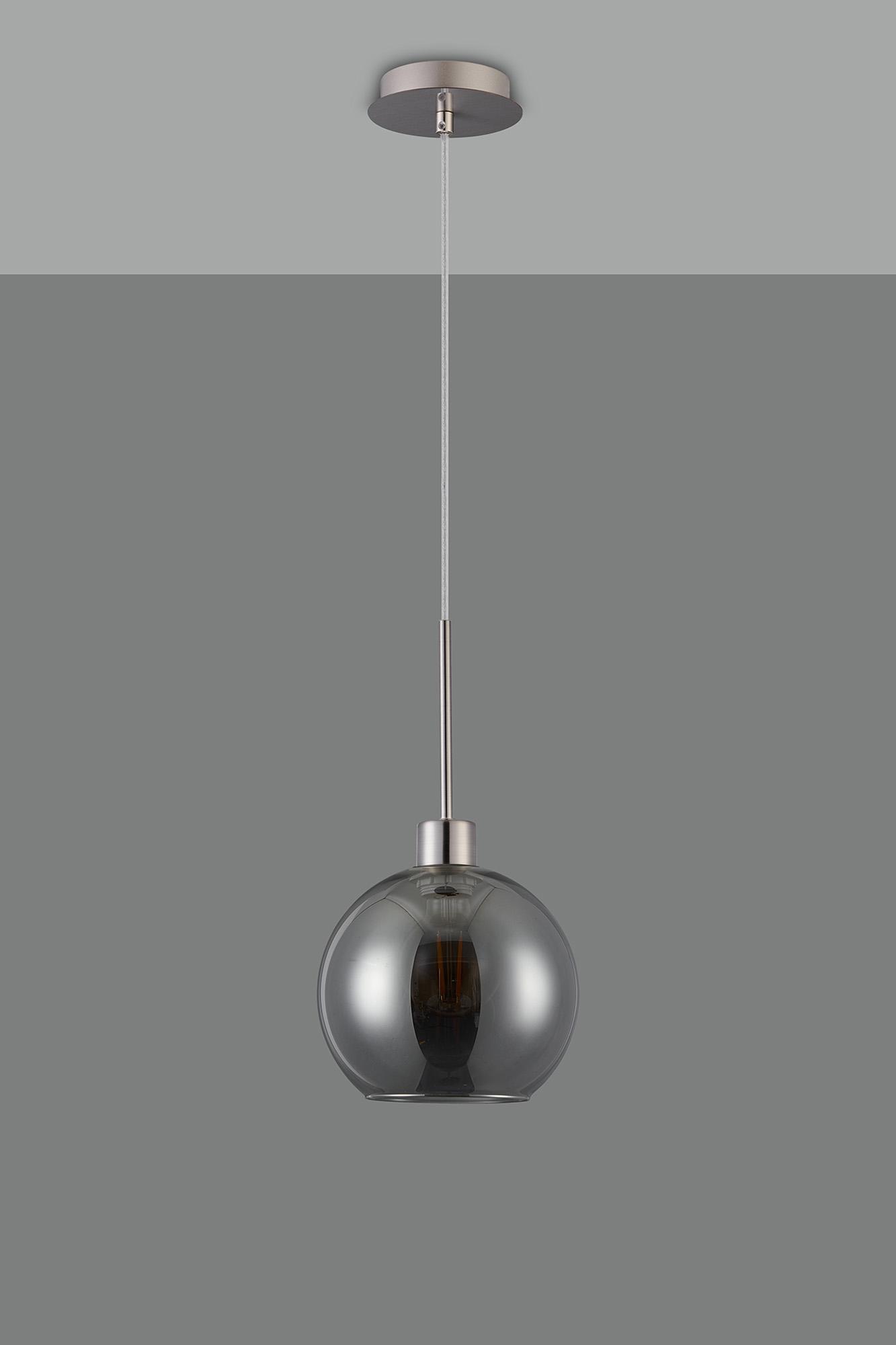 Lori 1.7m Single Pendant, 1 Light Adjustable E27, Satin Nickel/Smoke Open Mouth Round Globe Shades