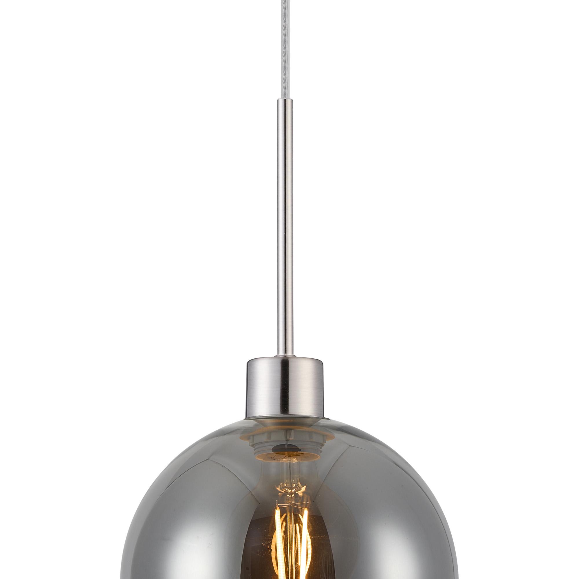 Lori 1.7m Single Pendant, 1 Light Adjustable E27, Satin Nickel/Smoke Open Mouth Round Globe Shades
