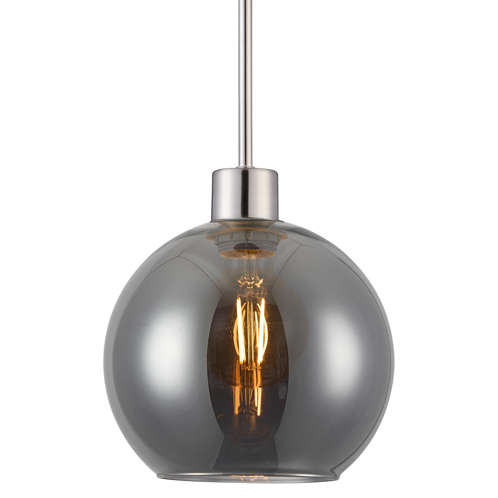 Lori 1.7m Single Pendant, 1 Light Adjustable E27, Satin Nickel/Smoke Open Mouth Round Globe Shades