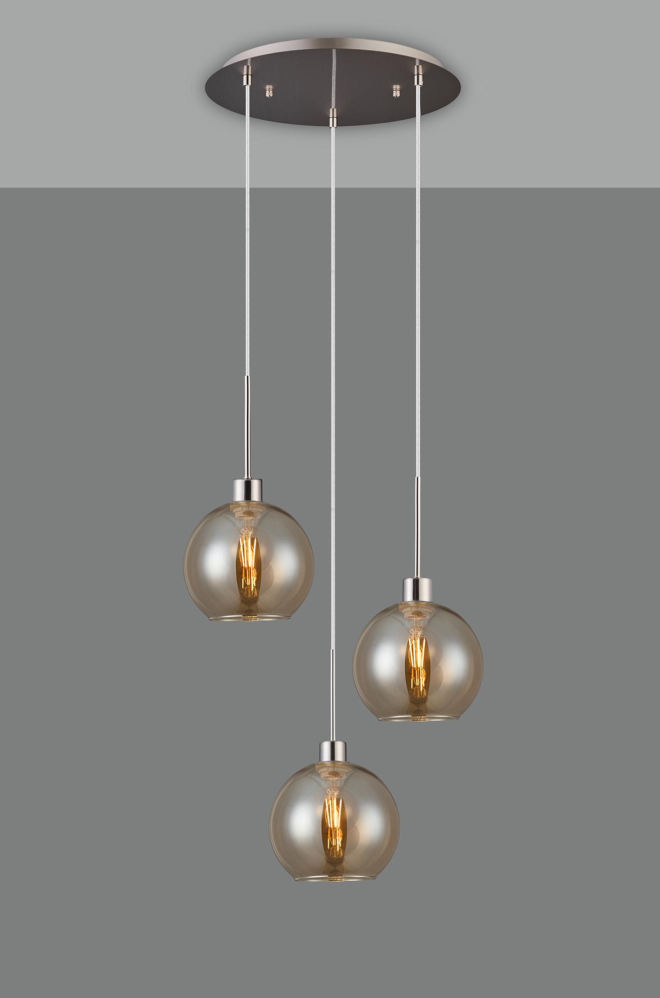 Lori 40cm Round Pendant, 3 Light Adjustable E27, Satin Nickel/Amber Open Mouth Round Globe Shades