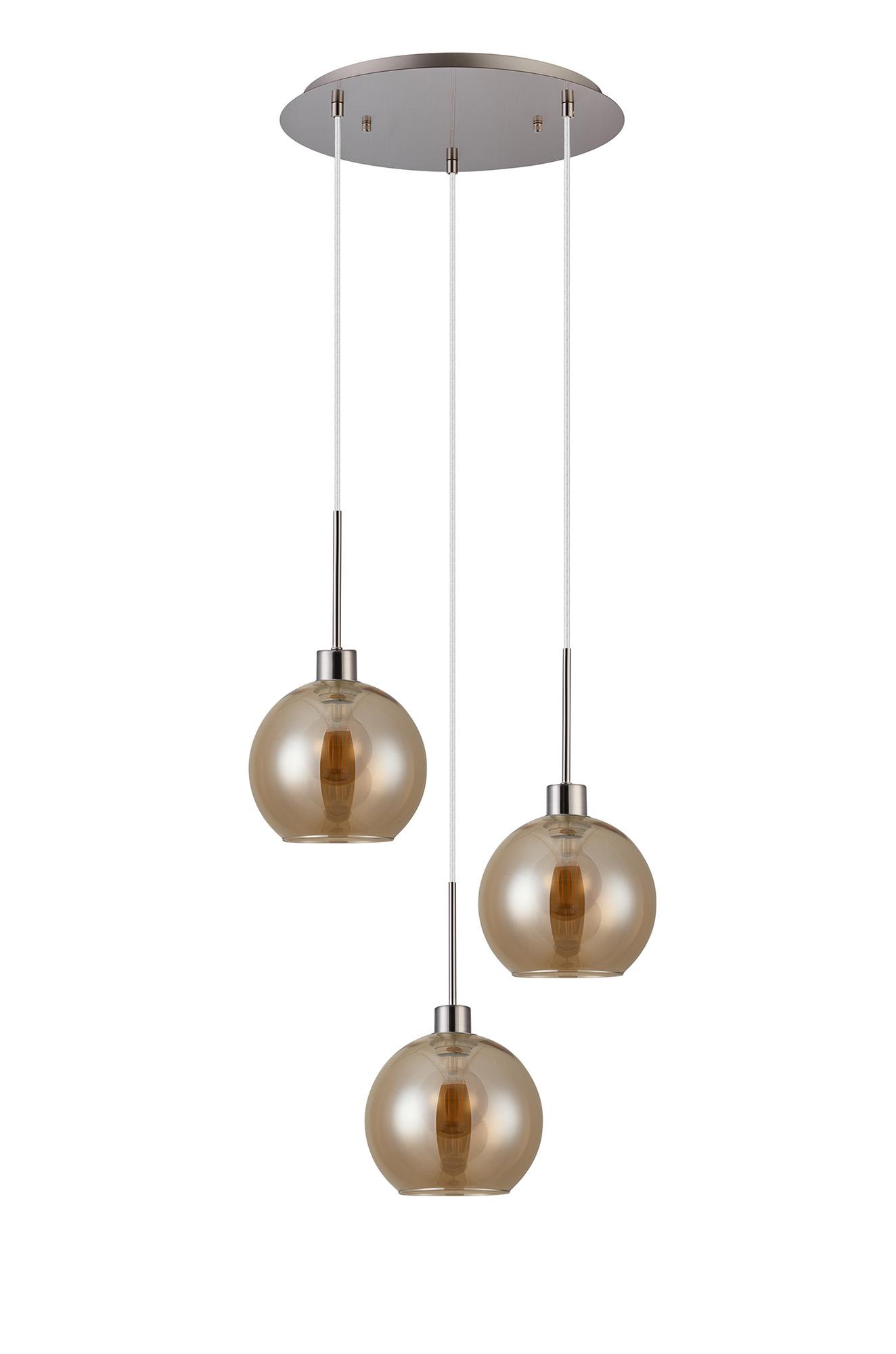 Lori 40cm Round Pendant, 3 Light Adjustable E27, Satin Nickel/Amber Open Mouth Round Globe Shades