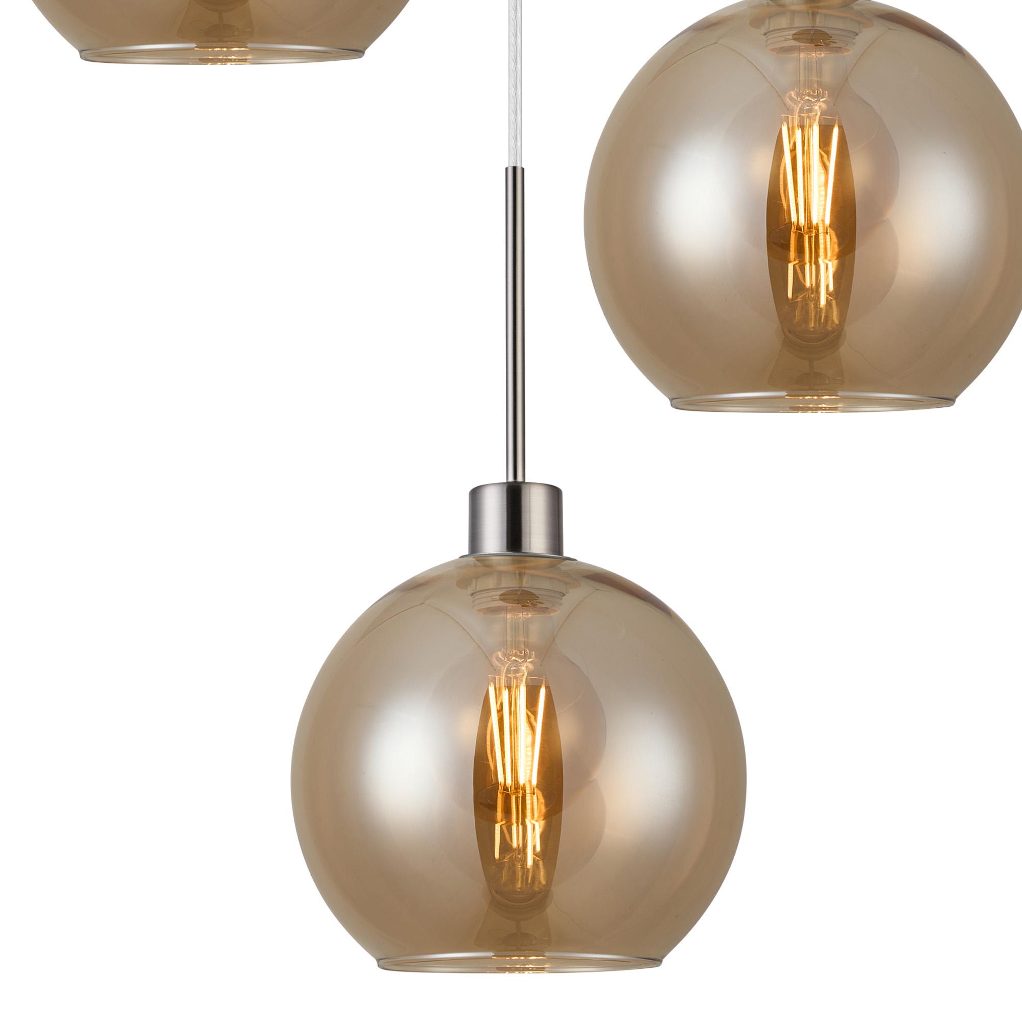 Lori 40cm Round Pendant, 3 Light Adjustable E27, Satin Nickel/Amber Open Mouth Round Globe Shades