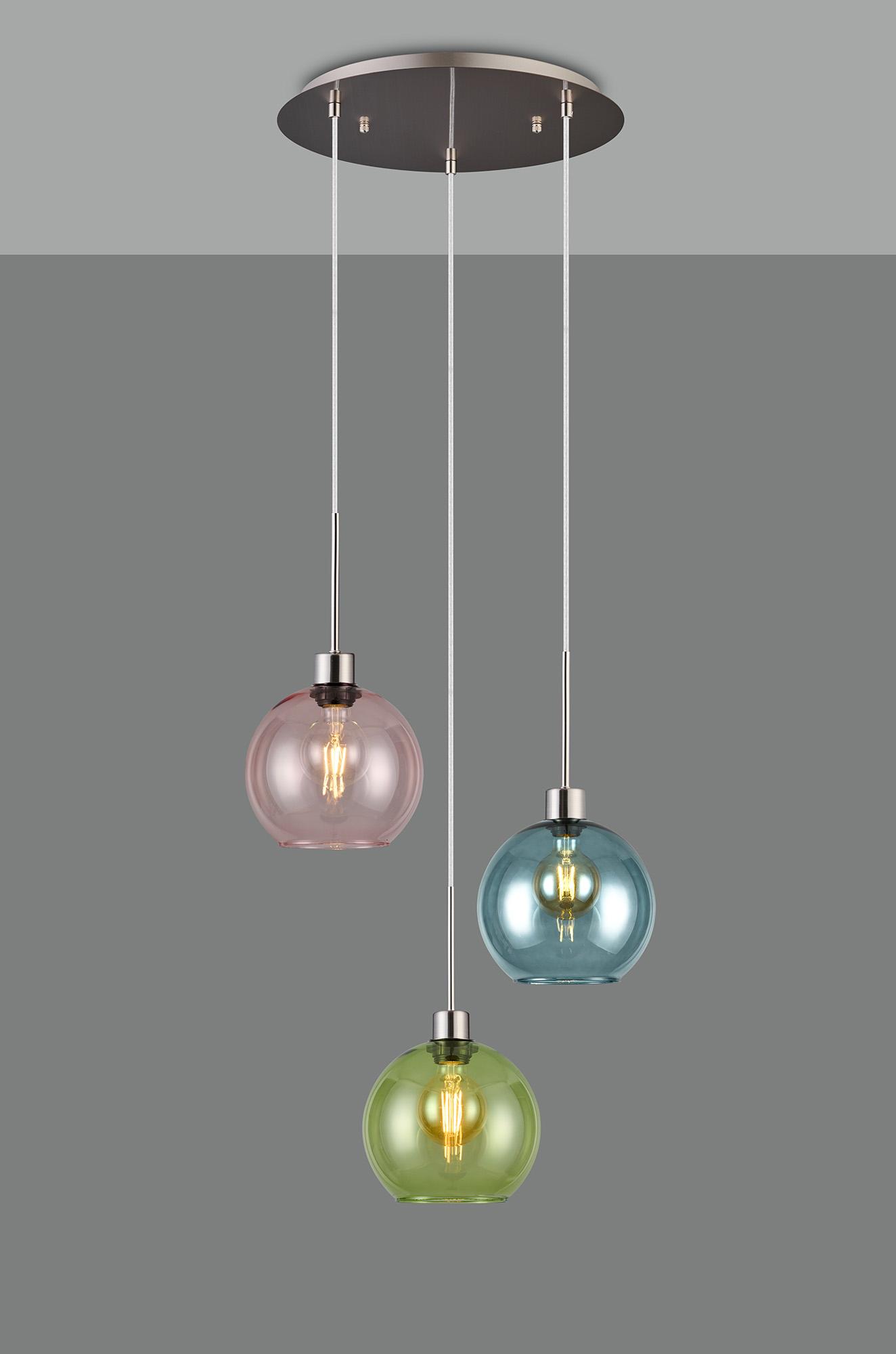 Lori 40cm Round Pendant, 3 Light Adjustable E27, Satin Nickel/Blue/Green/Pink Open Mouth Round Globe Shades