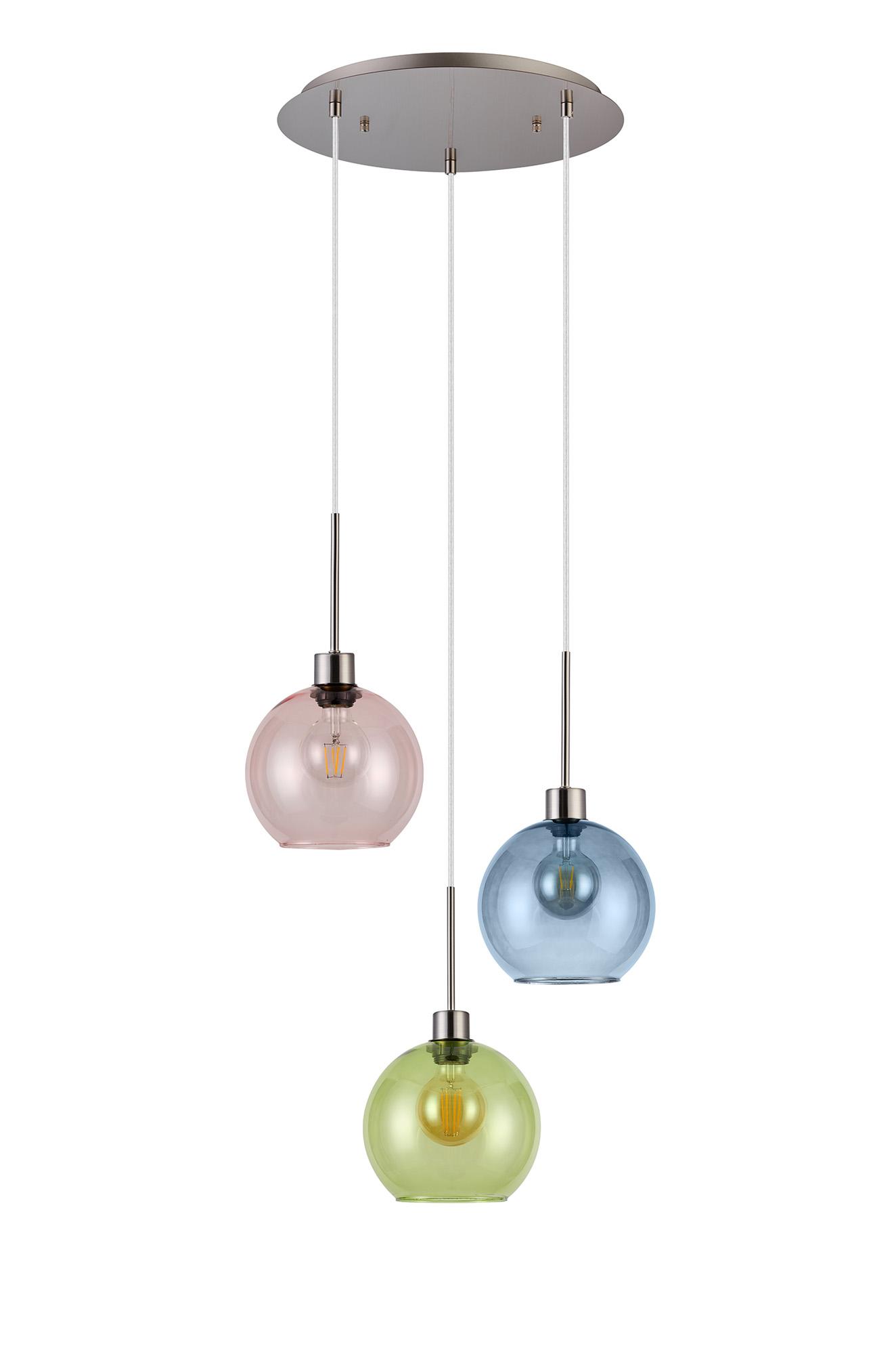 Lori 40cm Round Pendant, 3 Light Adjustable E27, Satin Nickel/Blue/Green/Pink Open Mouth Round Globe Shades