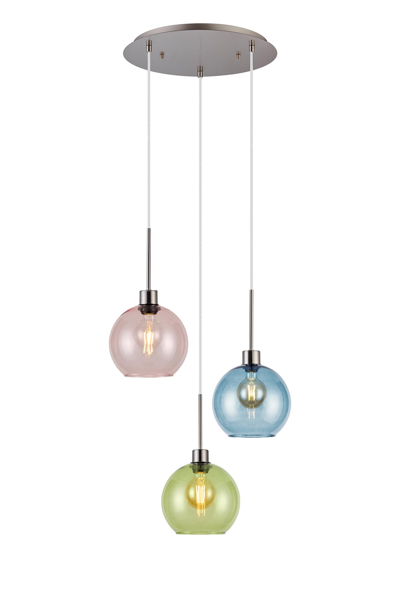 Lori 40cm Round Pendant, 3 Light Adjustable E27, Satin Nickel/Blue/Green/Pink Open Mouth Round Globe Shades
