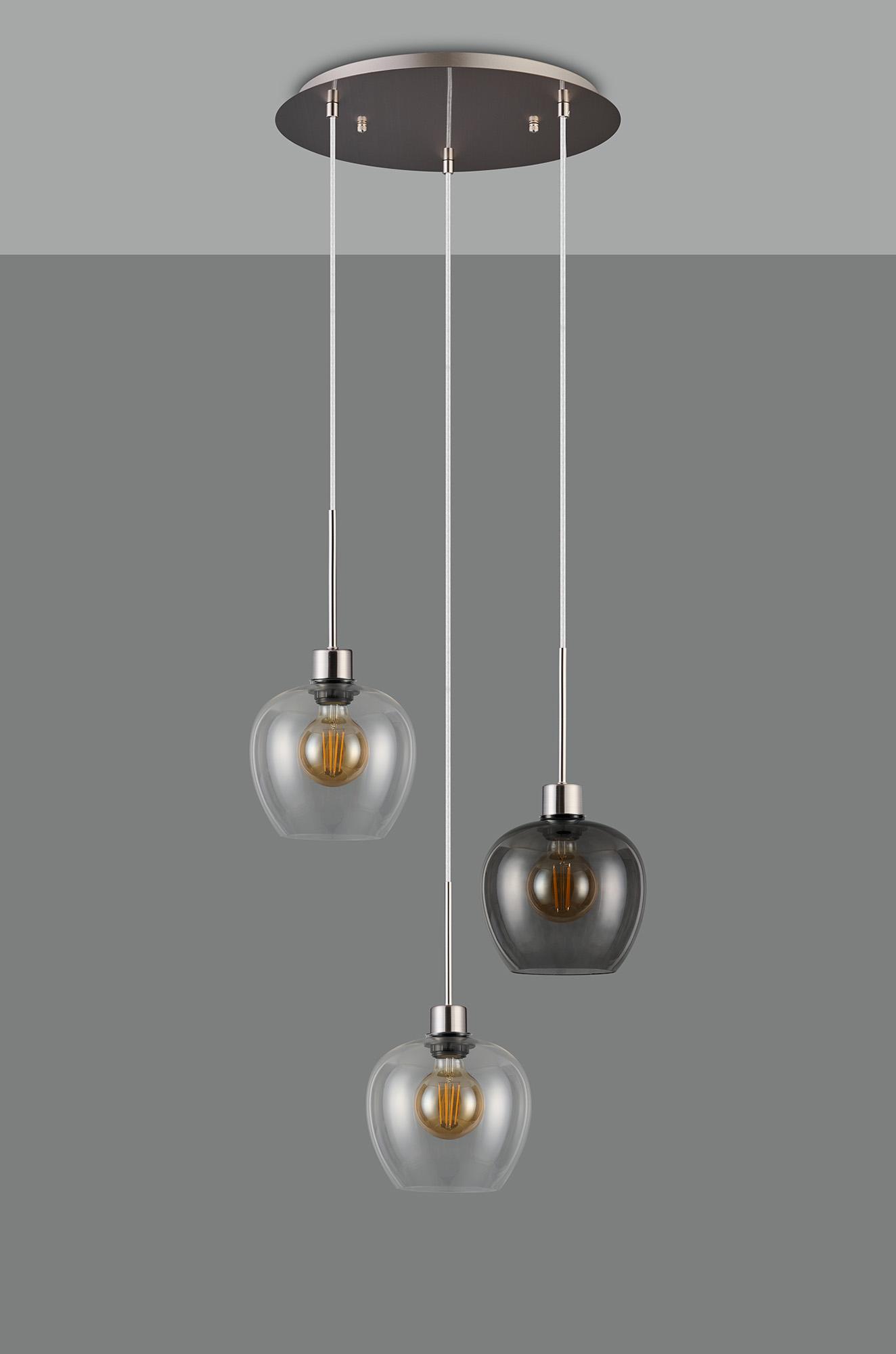 Lori 40cm Round Pendant, 3 Light Adjustable E27, Satin Nickel/Clear/Smoke Wine Shades