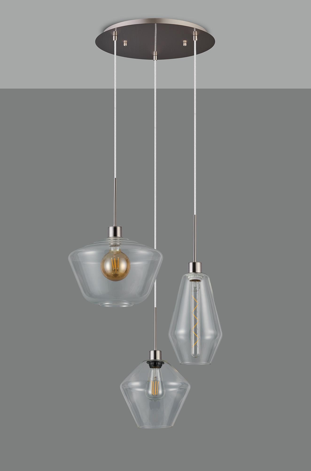 Lori 40cm Round Pendant, 3 Light Adjustable E27, Satin Nickel/Clear Hexagonal Diamond Kite Shades