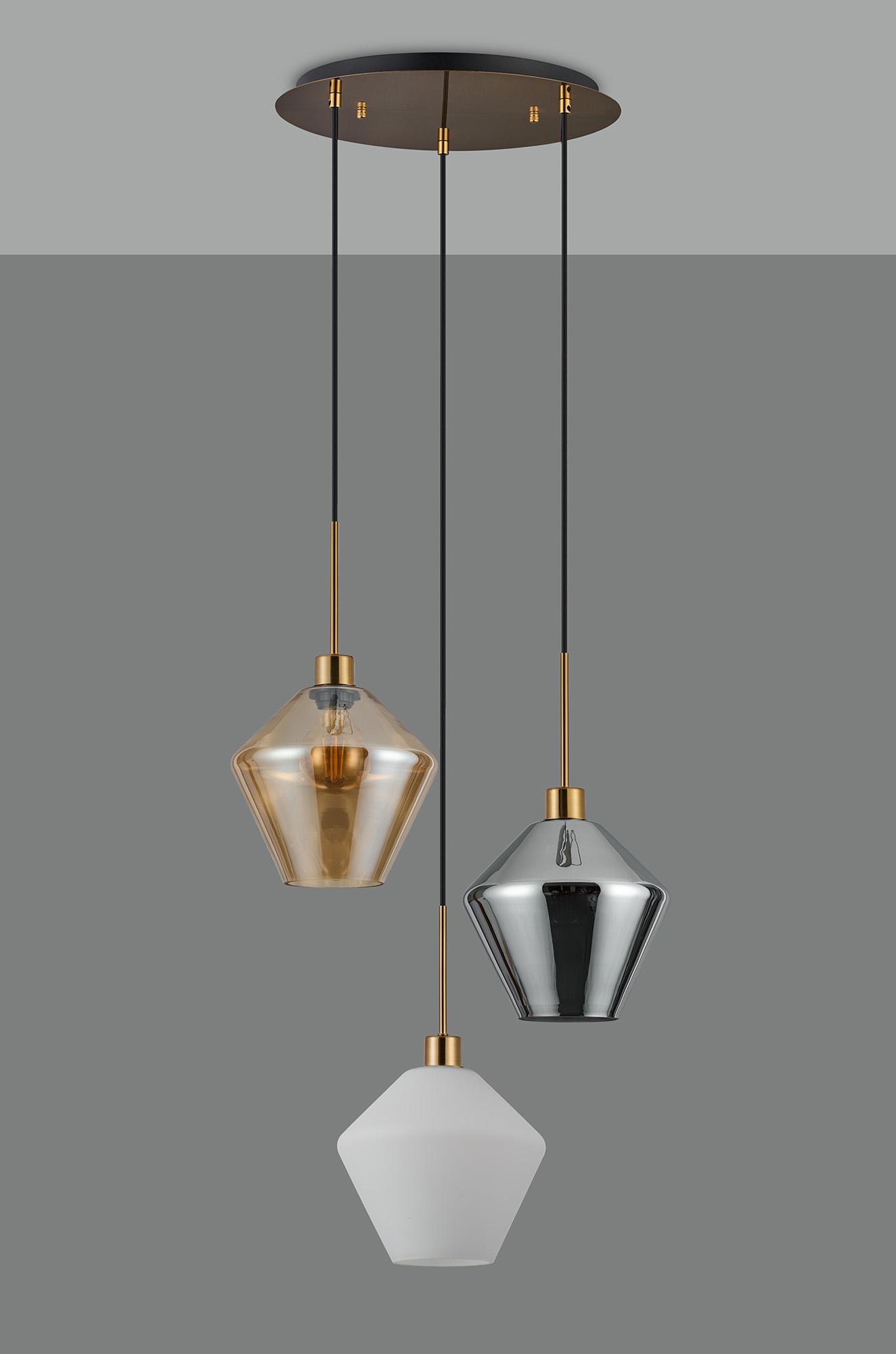 Lori 40cm Round Pendant, 3 Light Adjustable E27, Satin Nickel/Amber/Chrome/Opal Diamond Shades