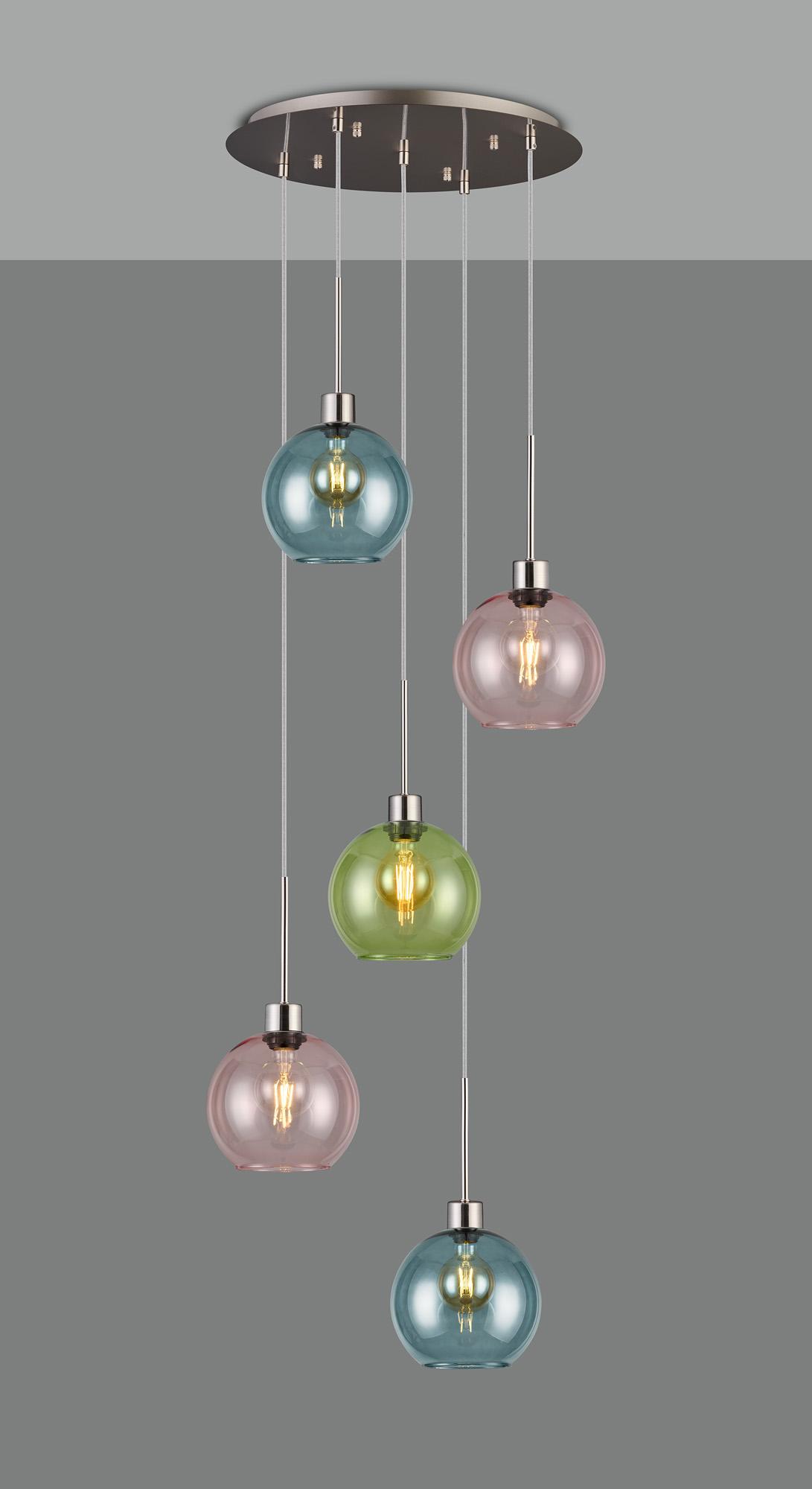 Lori 45cm Round Pendant, 5 Light Adjustable E27, Satin Nickel/Blue/Green/Pink Open Mouth Round Globe Shades
