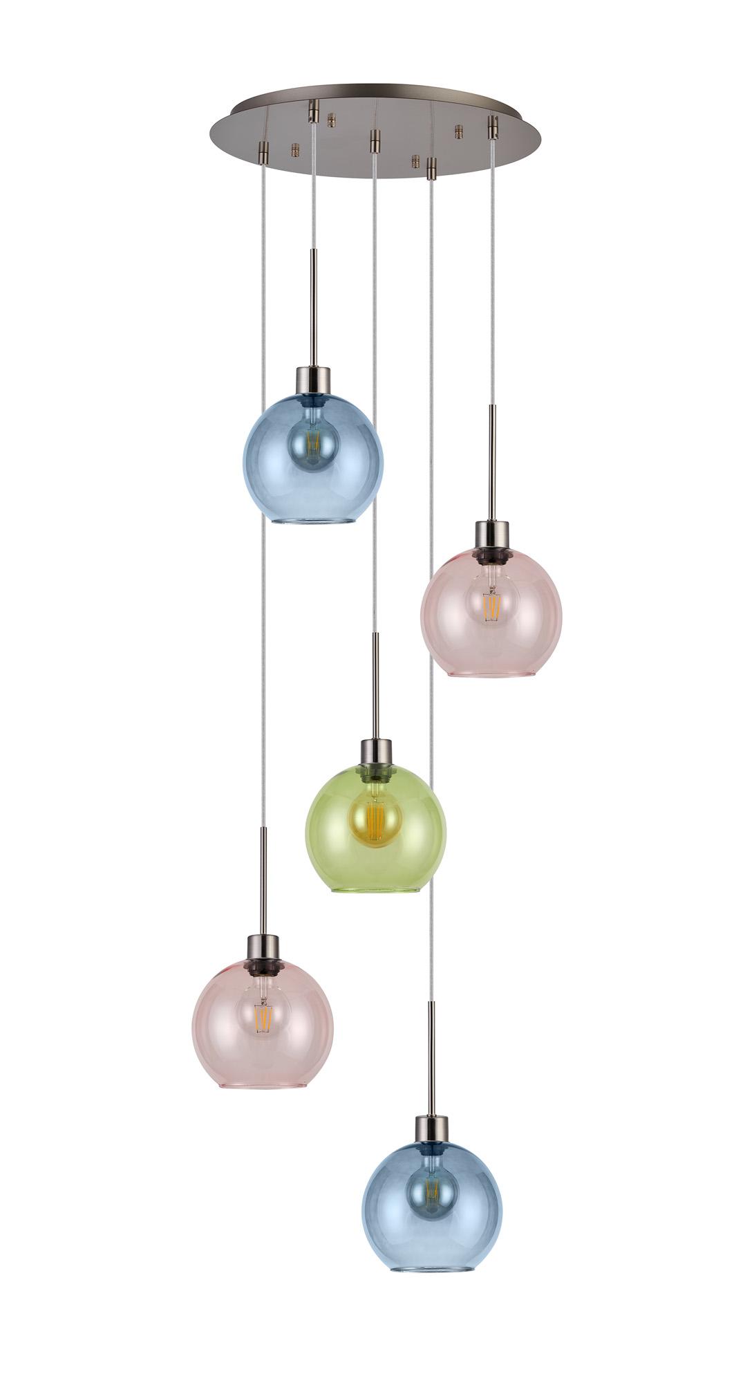 Lori 45cm Round Pendant, 5 Light Adjustable E27, Satin Nickel/Blue/Green/Pink Open Mouth Round Globe Shades