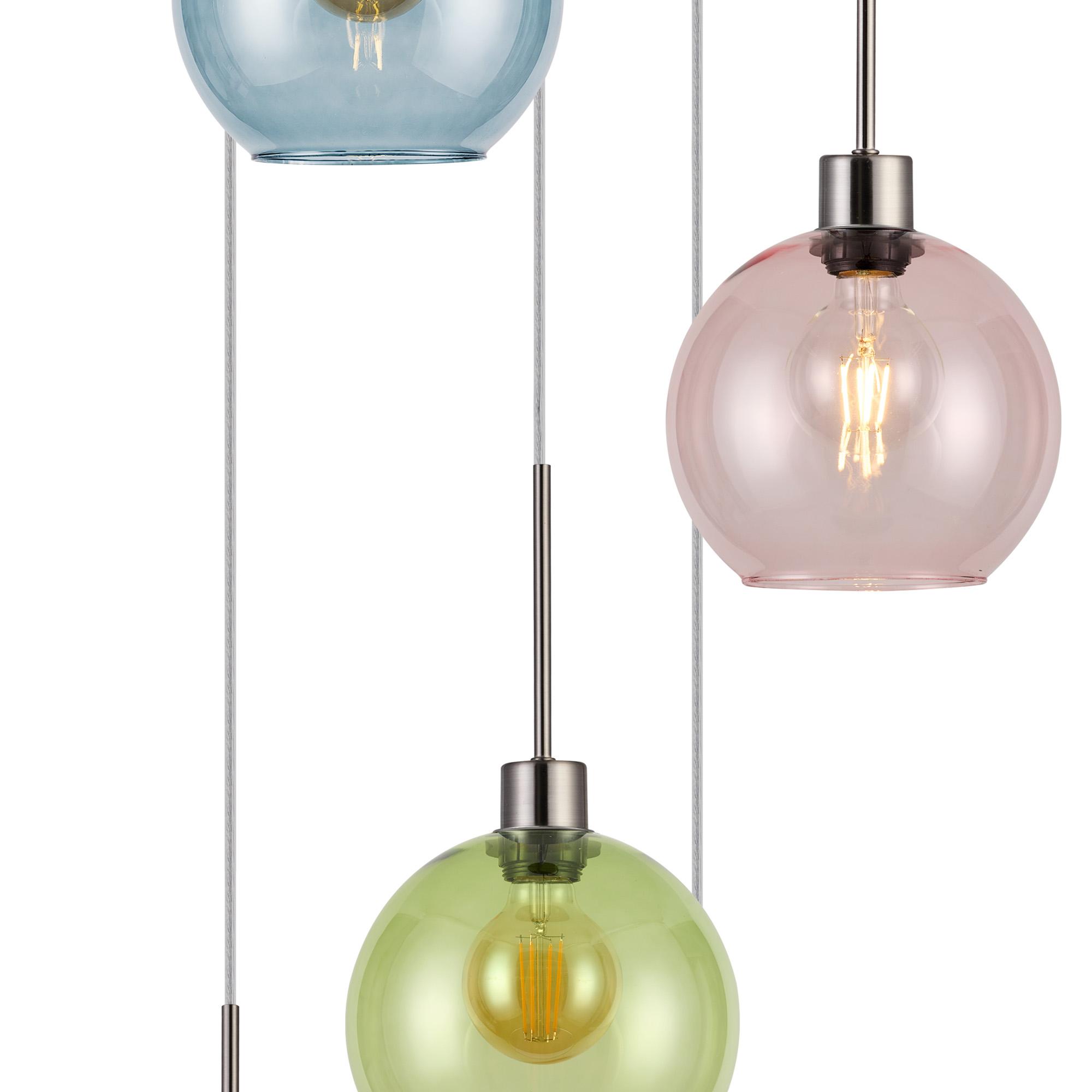 Lori 45cm Round Pendant, 5 Light Adjustable E27, Satin Nickel/Blue/Green/Pink Open Mouth Round Globe Shades