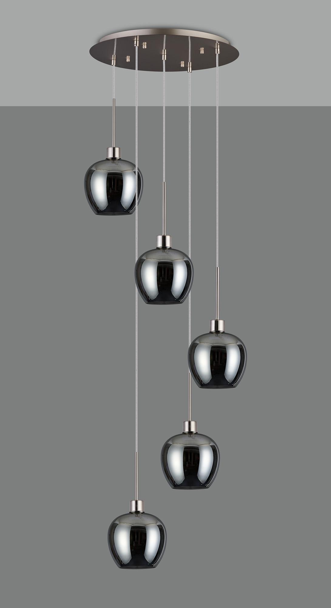 Lori 45cm Round Pendant, 5 Light Adjustable E27, Satin Nickel/Chrome Wine Shades