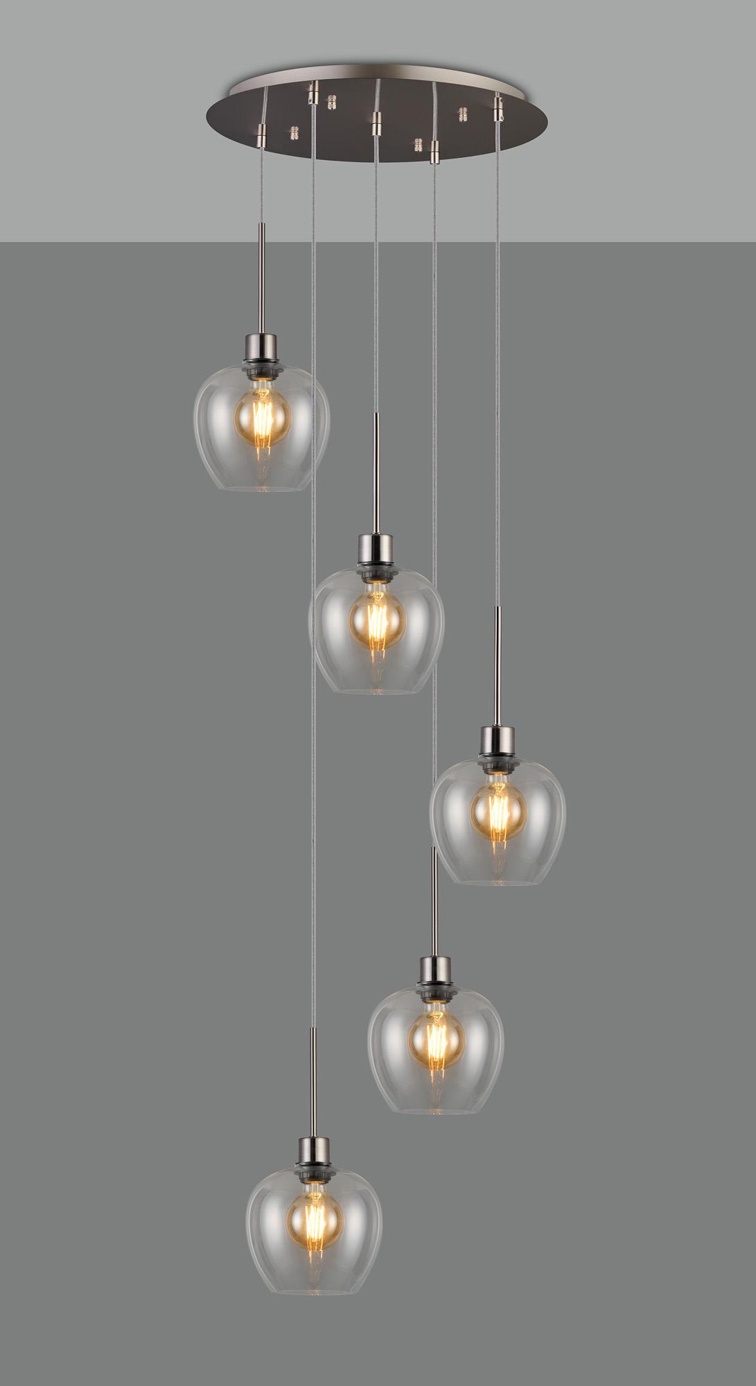 Lori 45cm Round Pendant, 5 Light Adjustable E27, Satin Nickel/Clear Wine Shades
