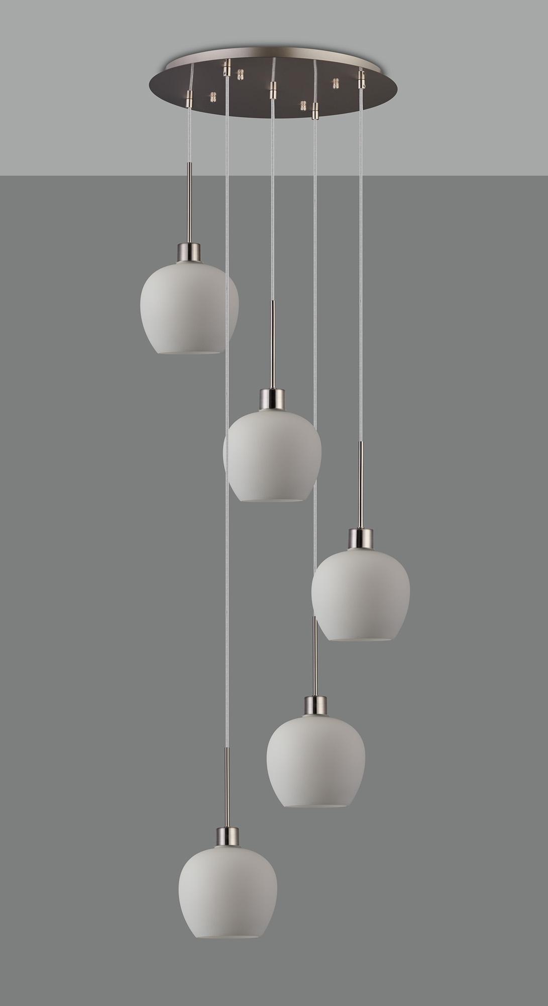 Lori 45cm Round Pendant, 5 Light Adjustable E27, Satin Nickel/Opal Wine Shades