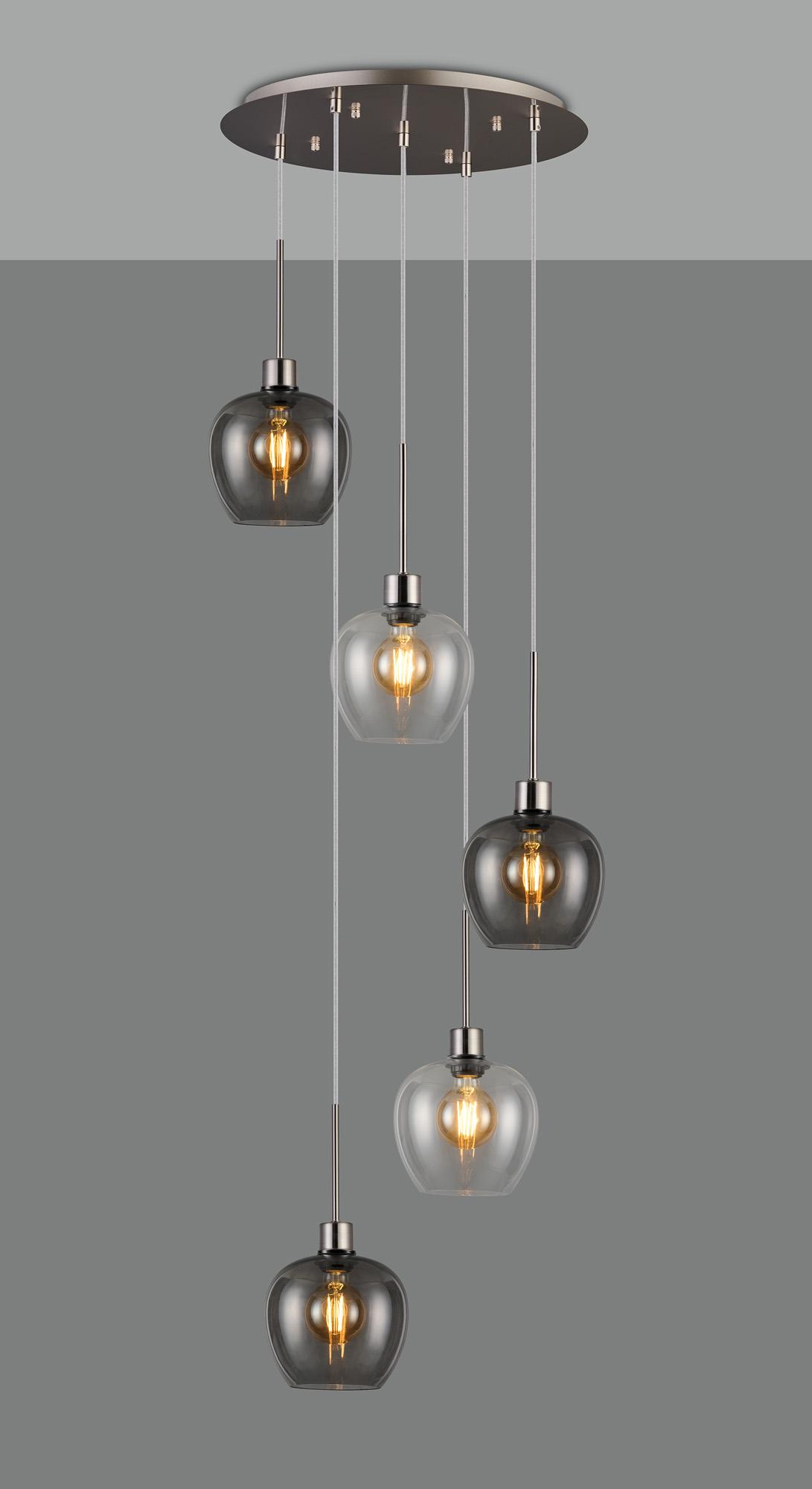 Lori 45cm Round Pendant, 5 Light Adjustable E27, Satin Nickel/Clear/Smoke Wine Shades