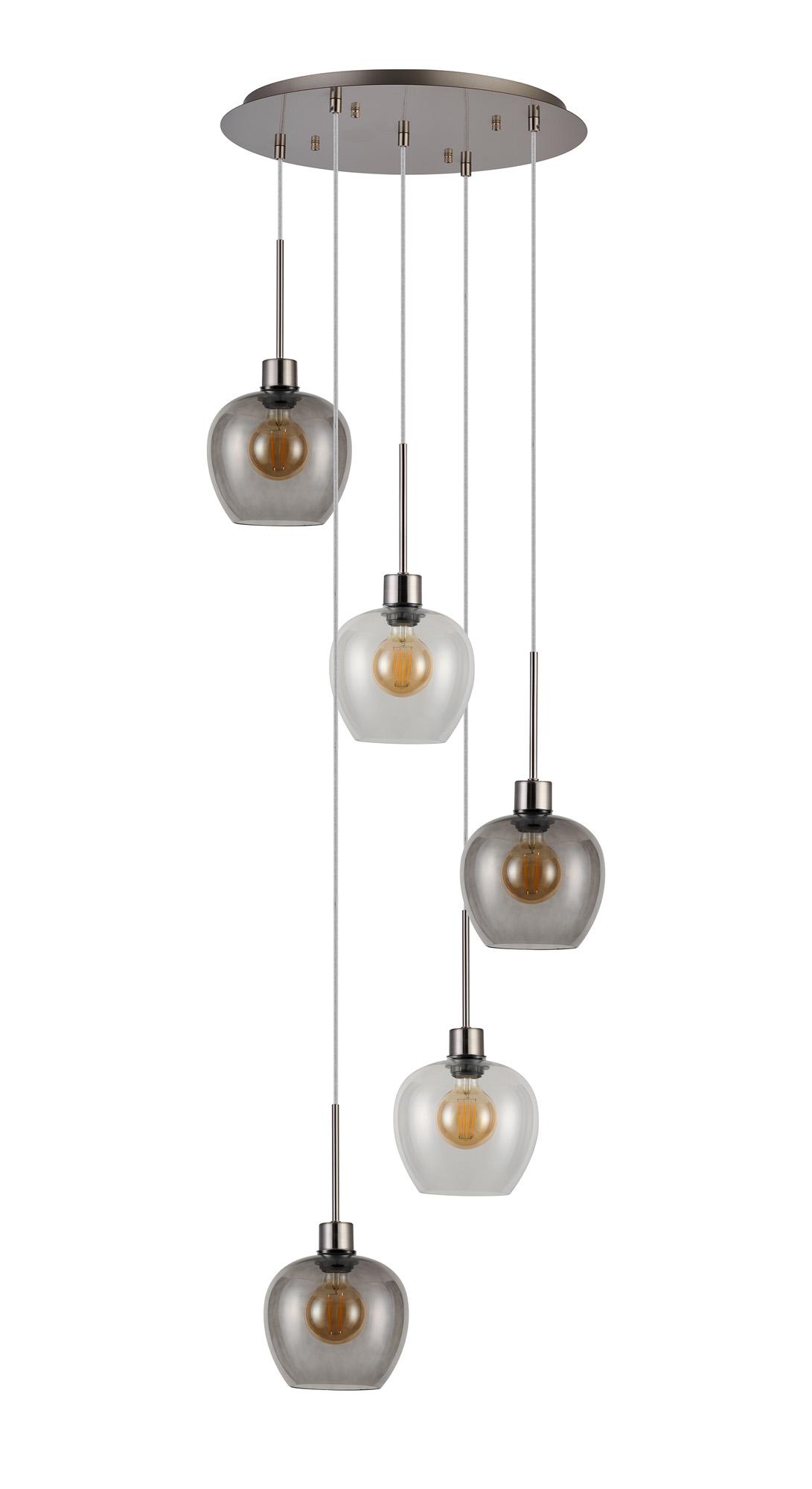 Lori 45cm Round Pendant, 5 Light Adjustable E27, Satin Nickel/Clear/Smoke Wine Shades