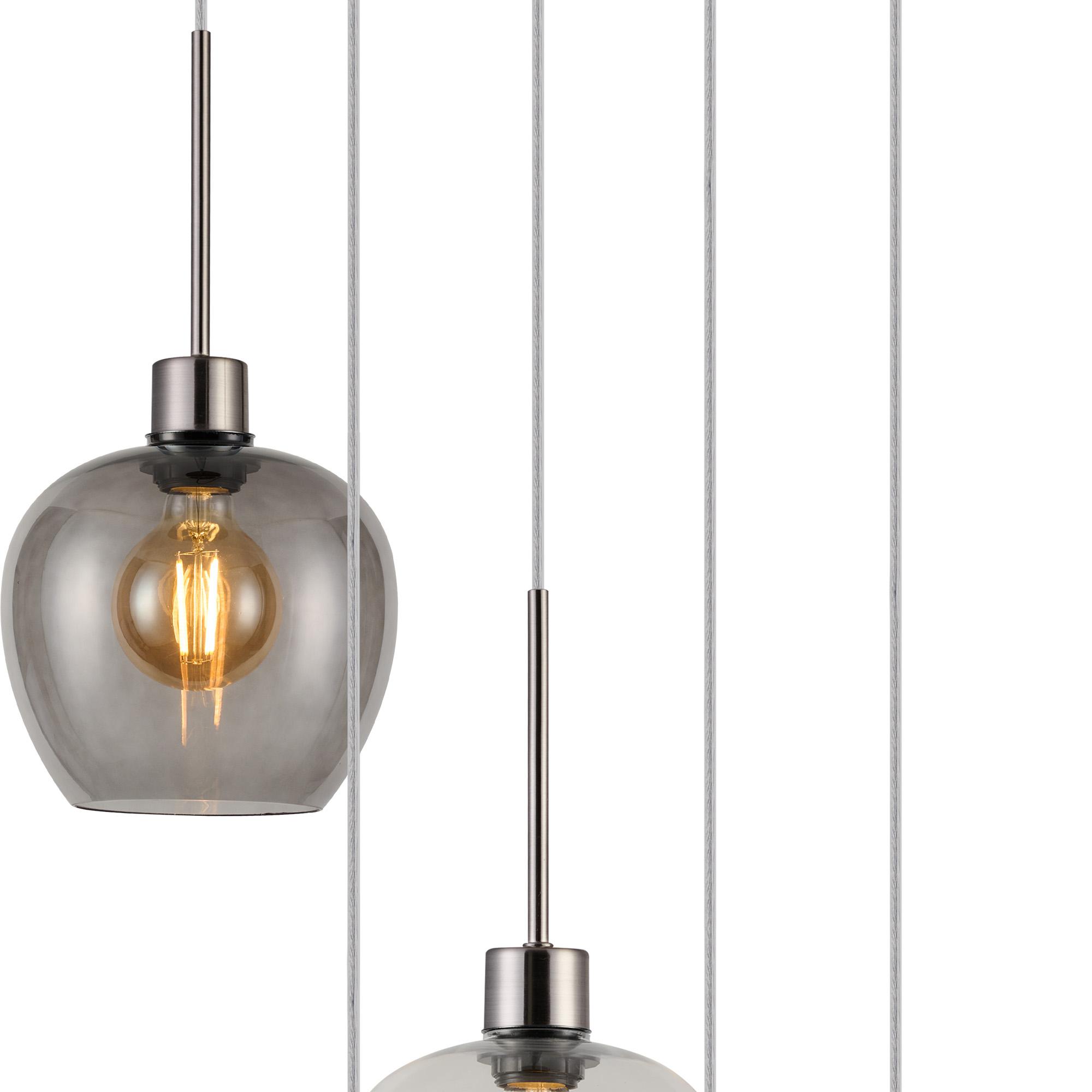 Lori 45cm Round Pendant, 5 Light Adjustable E27, Satin Nickel/Clear/Smoke Wine Shades