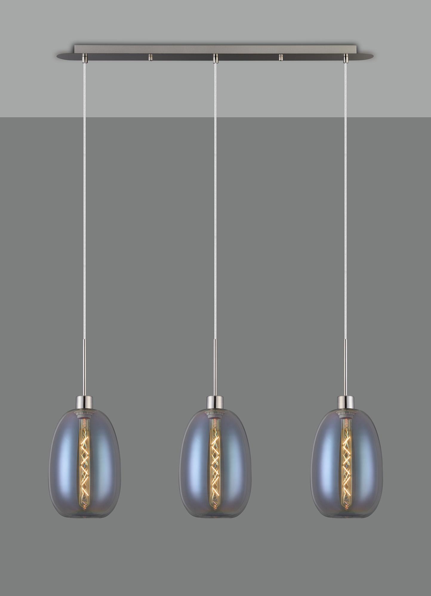 Lori Linear Pendant, 3 Light Adjustable E27, Satin Nickel/Iridescent Slim Curved Trapezium Shades