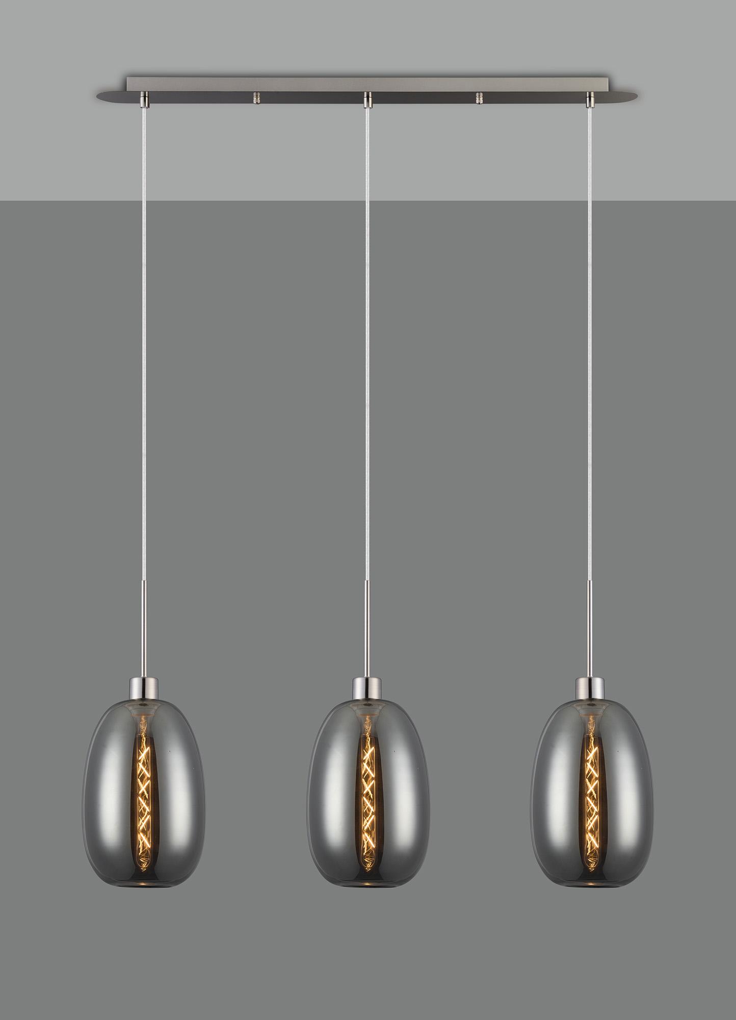 Lori Linear Pendant, 3 Light Adjustable E27, Satin Nickel/Smoke Slim Curved Trapezium Shades