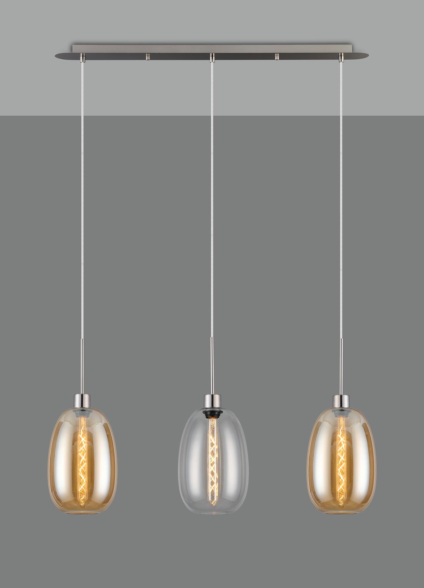 Lori Linear Pendant, 3 Light Adjustable E27, Satin Nickel/Clear/Amber Slim Curved Trapezium Shades