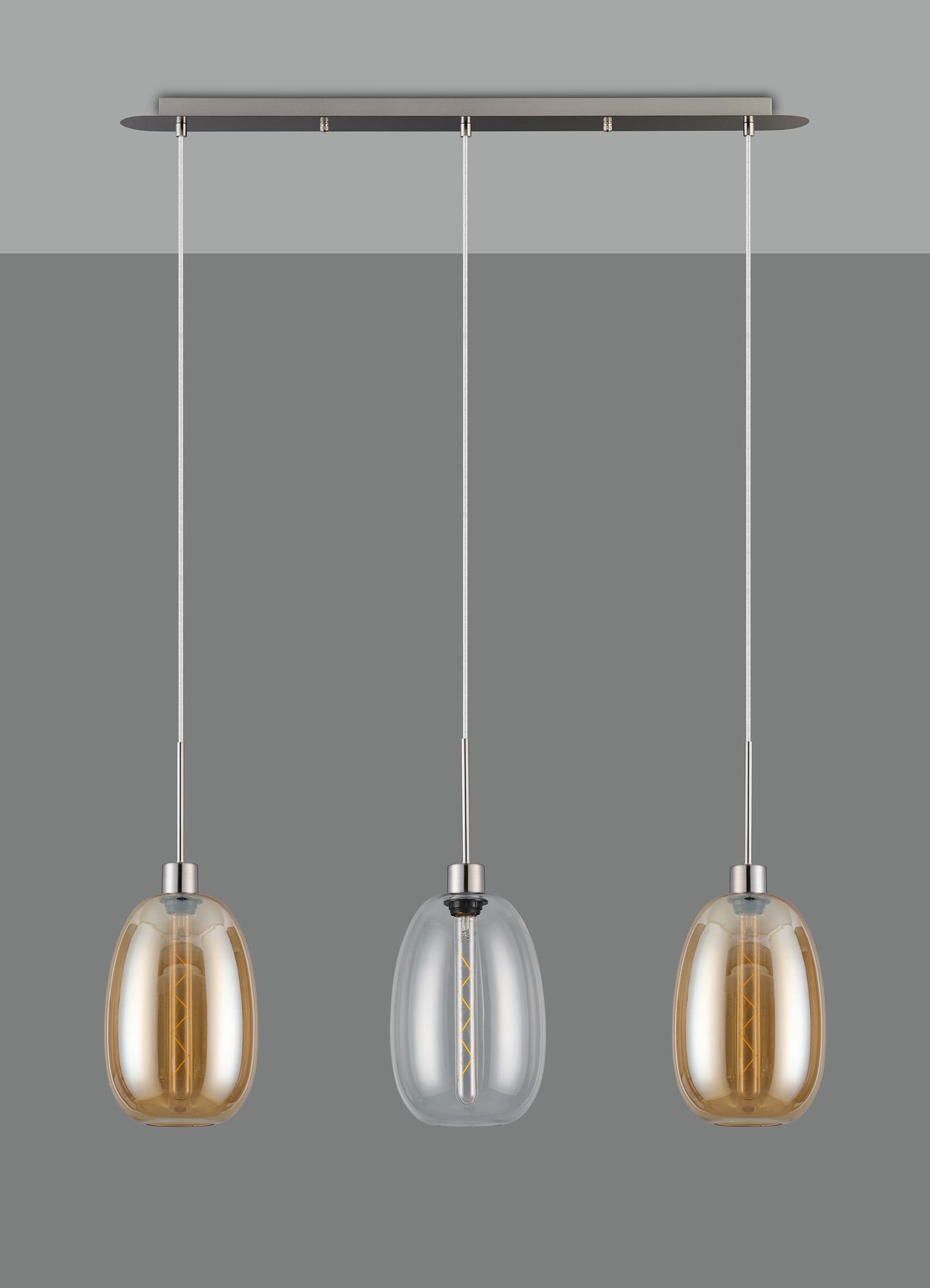 Lori Linear Pendant, 3 Light Adjustable E27, Satin Nickel/Clear/Amber Slim Curved Trapezium Shades