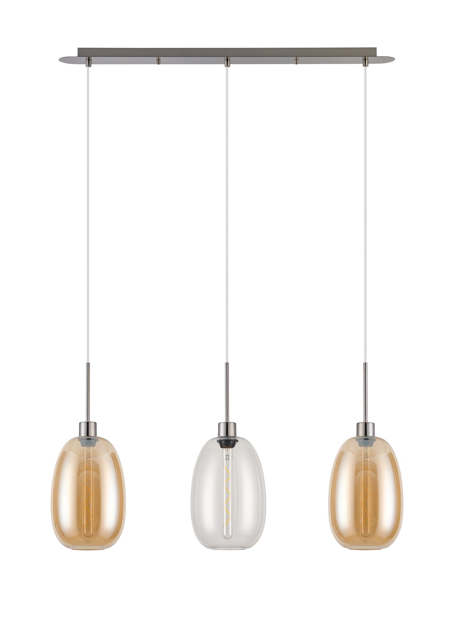 Lori Linear Pendant, 3 Light Adjustable E27, Satin Nickel/Clear/Amber Slim Curved Trapezium Shades