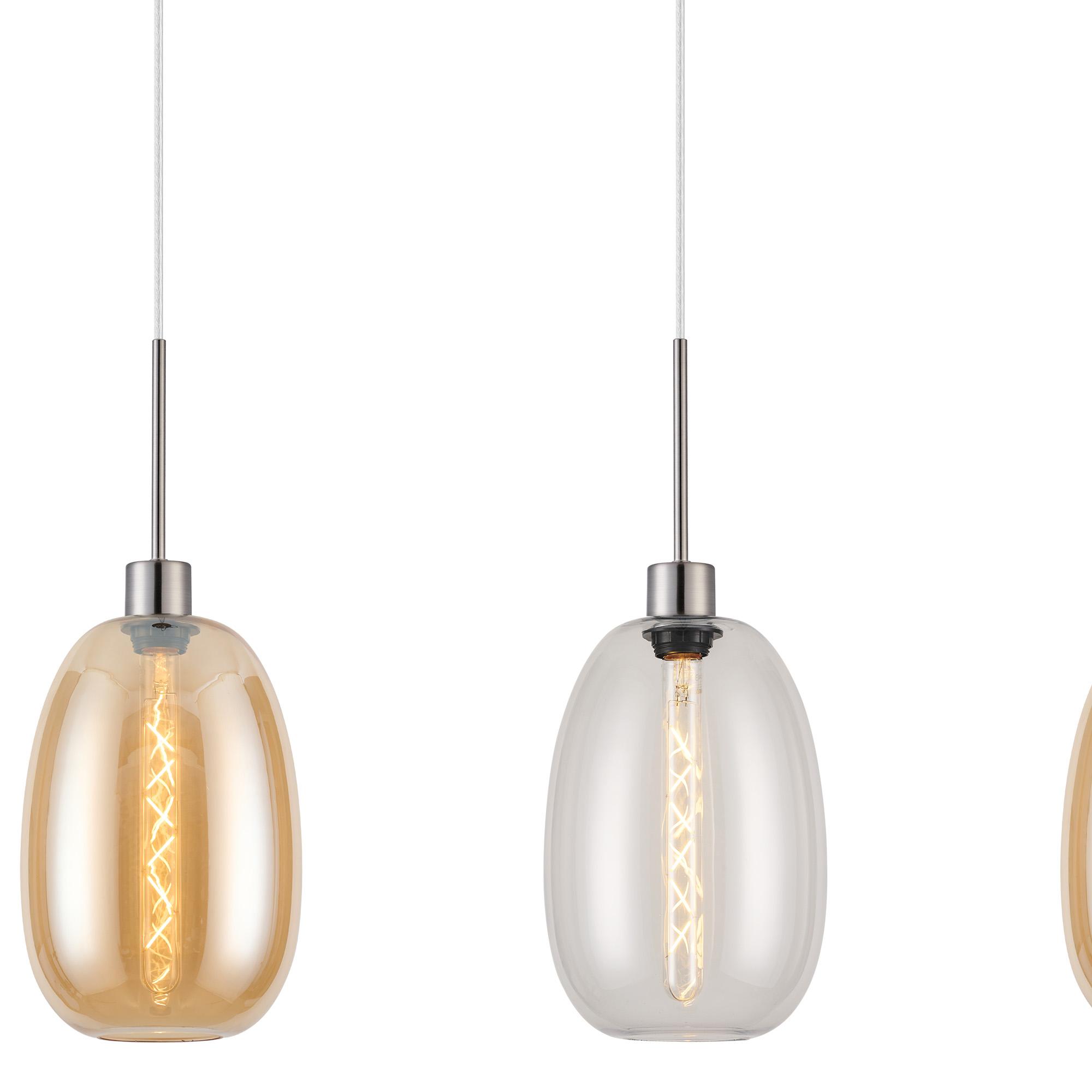 Lori Linear Pendant, 3 Light Adjustable E27, Satin Nickel/Clear/Amber Slim Curved Trapezium Shades