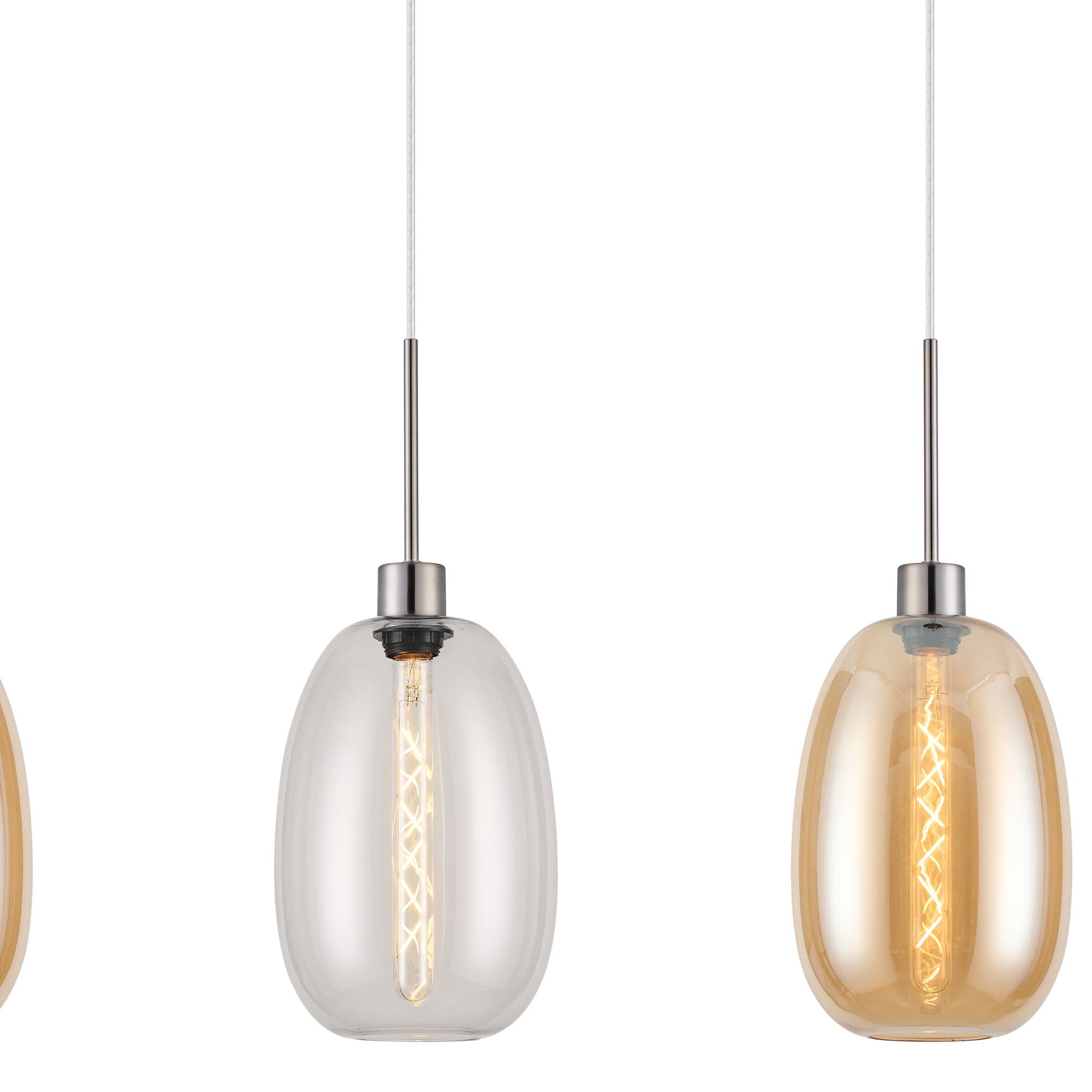 Lori Linear Pendant, 3 Light Adjustable E27, Satin Nickel/Clear/Amber Slim Curved Trapezium Shades