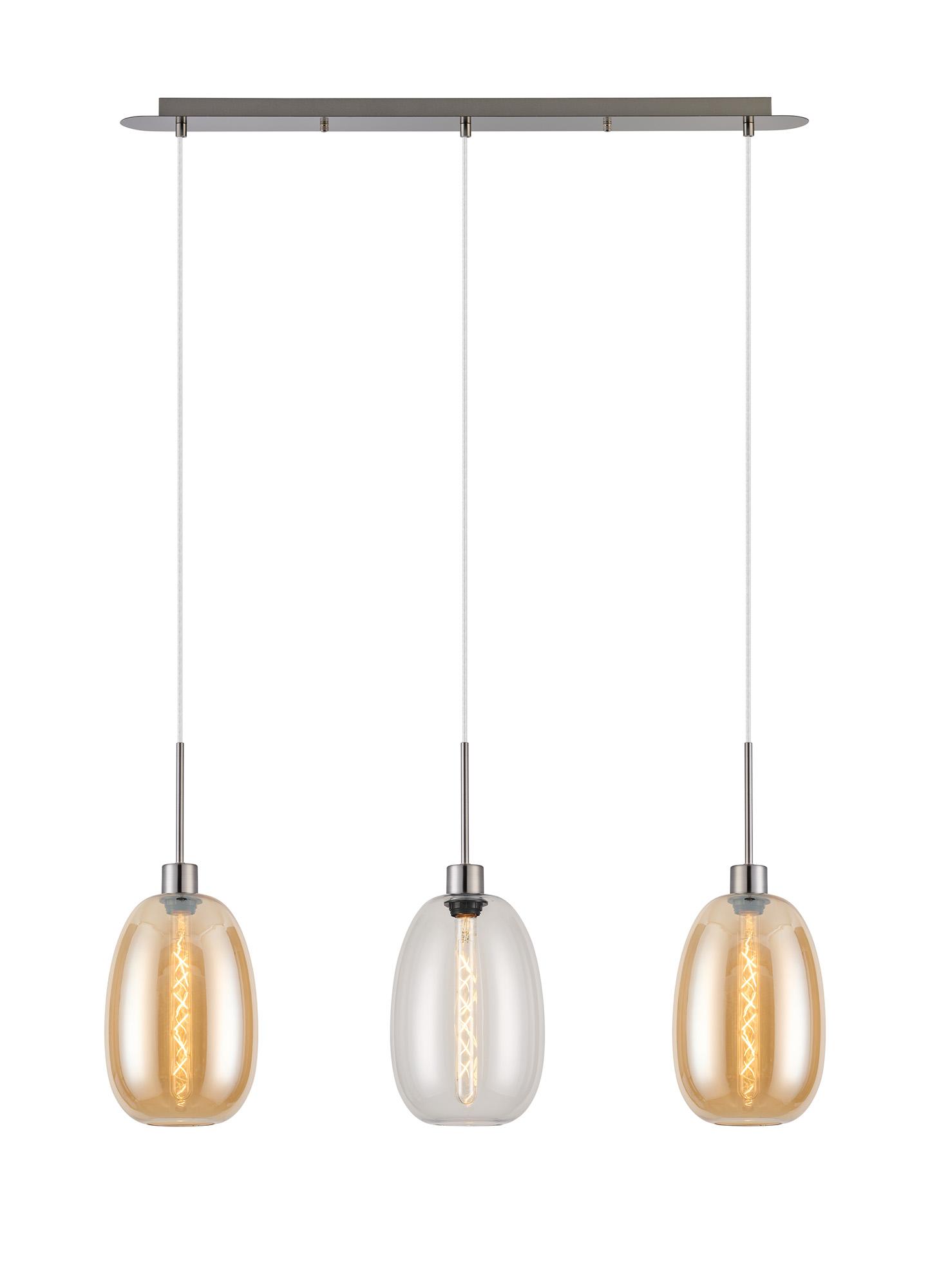 Lori Linear Pendant, 3 Light Adjustable E27, Satin Nickel/Clear/Amber Slim Curved Trapezium Shades
