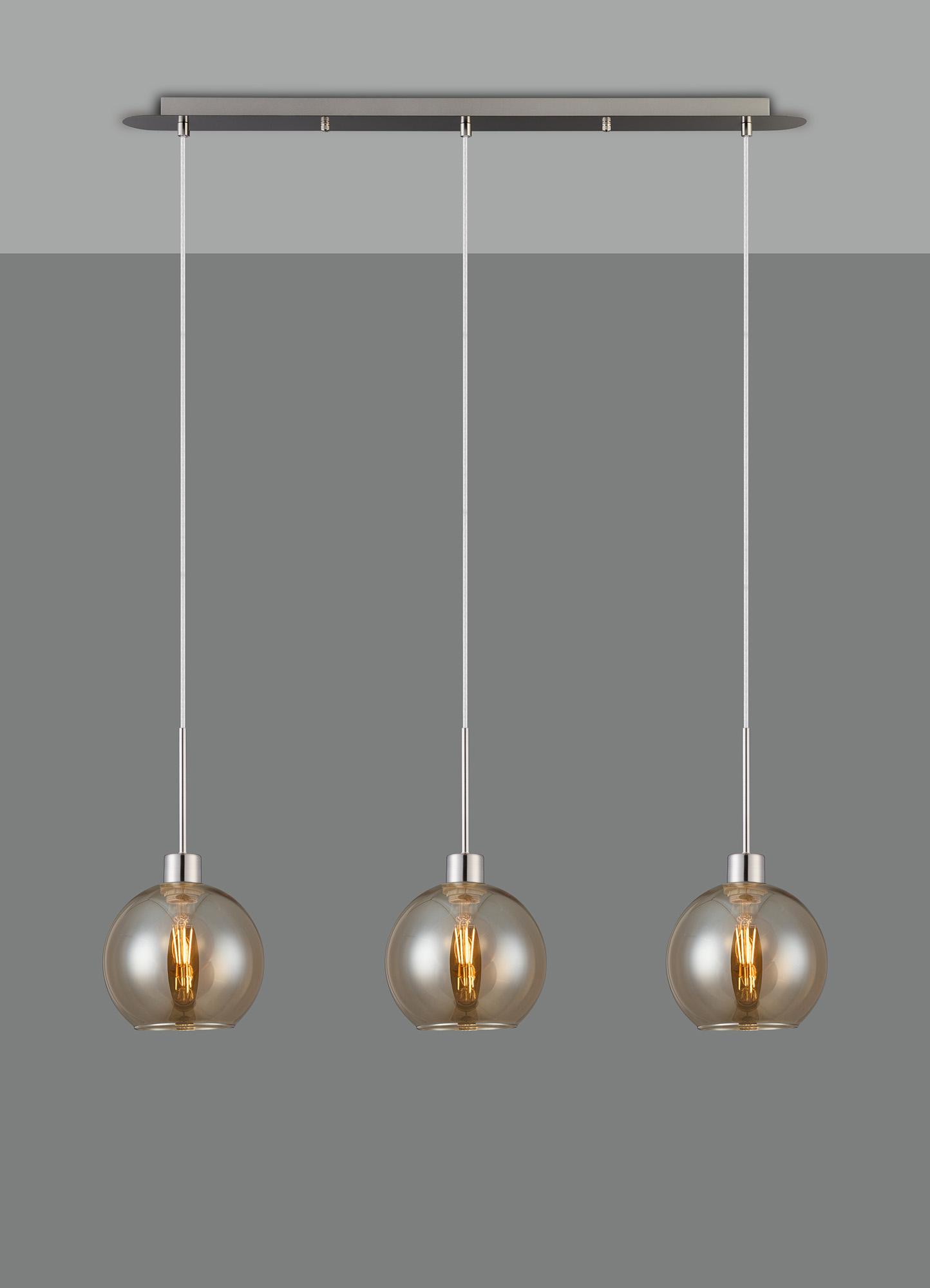 Lori Linear Pendant, 3 Light Adjustable E27, Satin Nickel/Amber Open Mouth Round Globe Shades