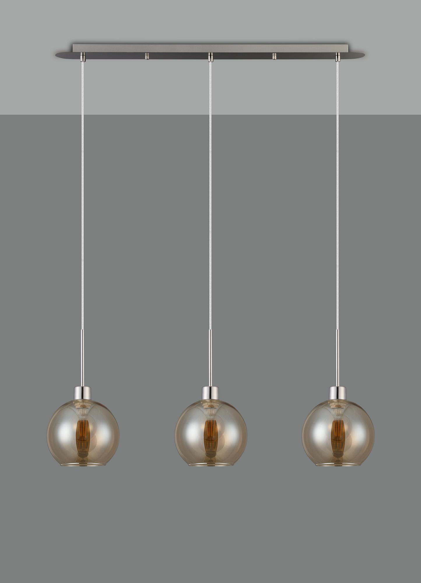Lori Linear Pendant, 3 Light Adjustable E27, Satin Nickel/Amber Open Mouth Round Globe Shades