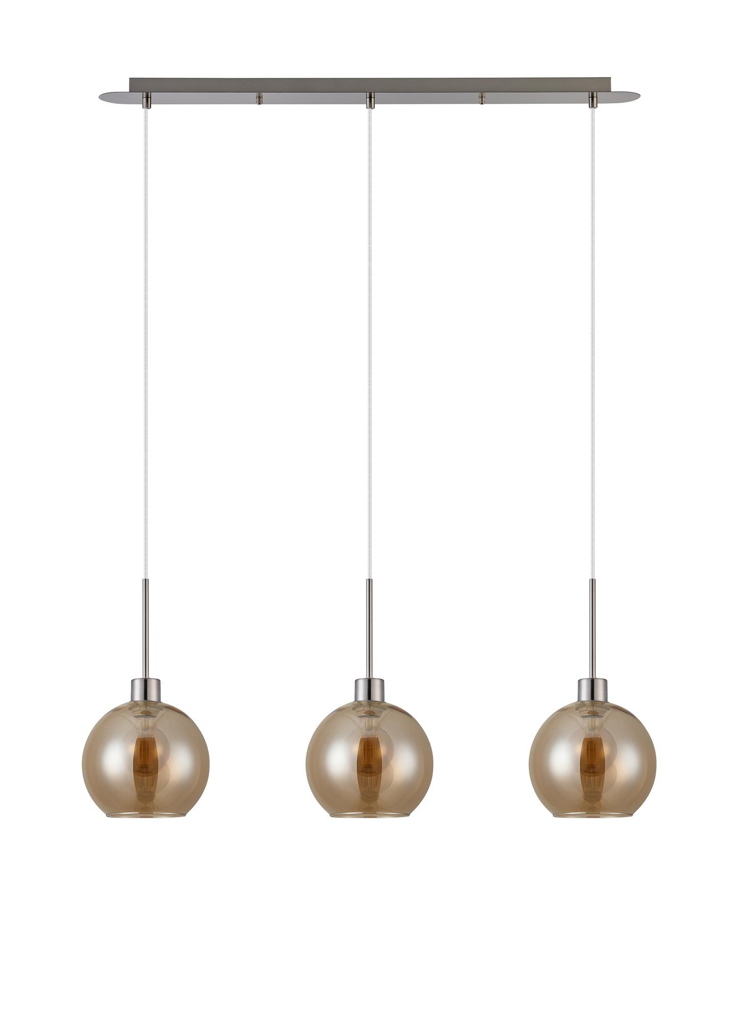 Lori Linear Pendant, 3 Light Adjustable E27, Satin Nickel/Amber Open Mouth Round Globe Shades