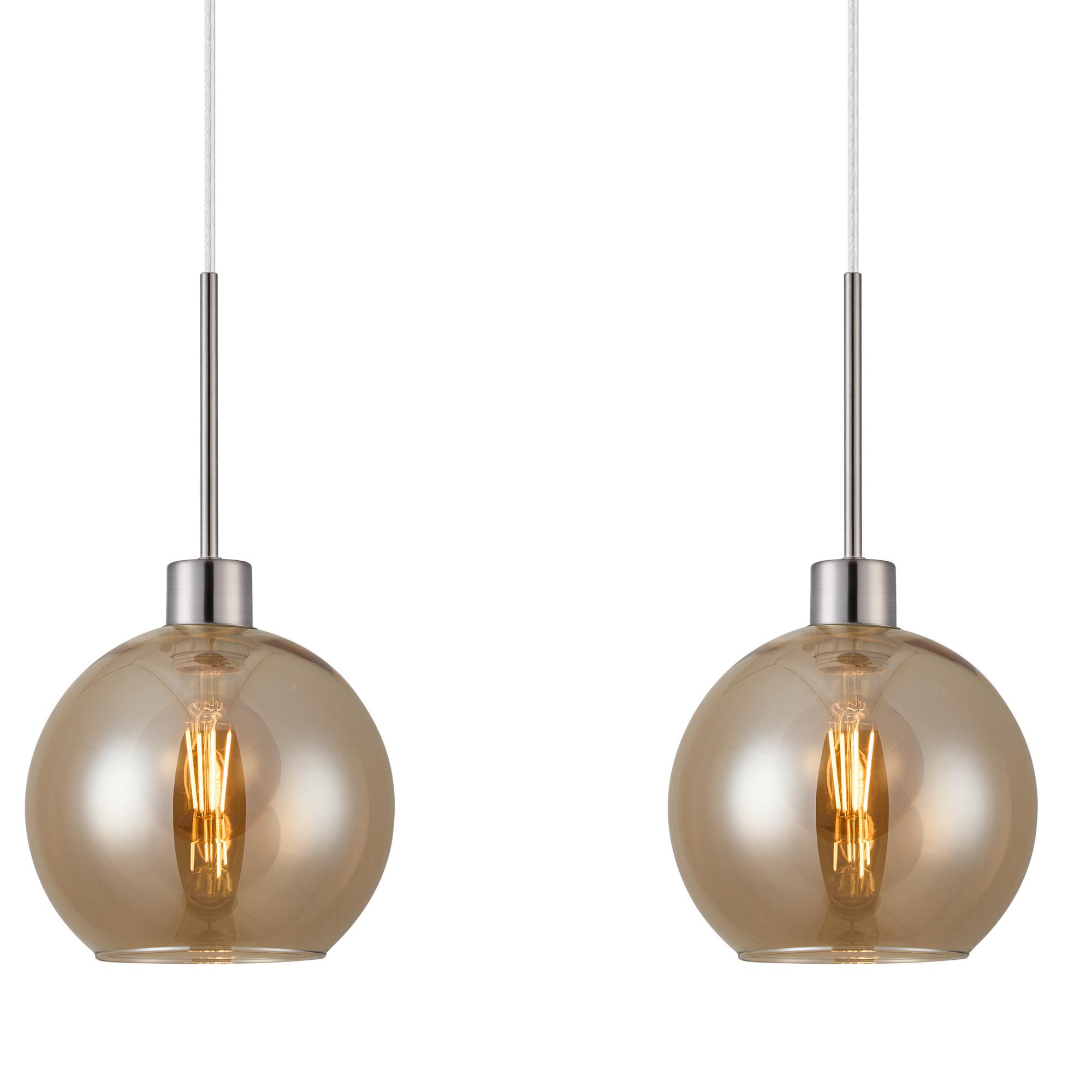 Lori Linear Pendant, 3 Light Adjustable E27, Satin Nickel/Amber Open Mouth Round Globe Shades