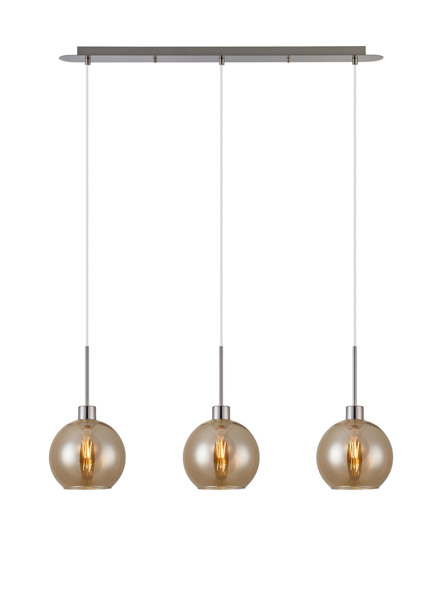 Lori Linear Pendant, 3 Light Adjustable E27, Satin Nickel/Amber Open Mouth Round Globe Shades