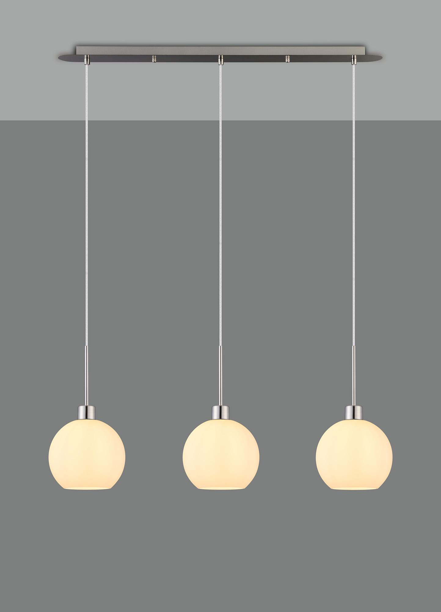 Lori Linear Pendant, 3 Light Adjustable E27, Satin Nickel/Opal Open Mouth Round Globe Shades
