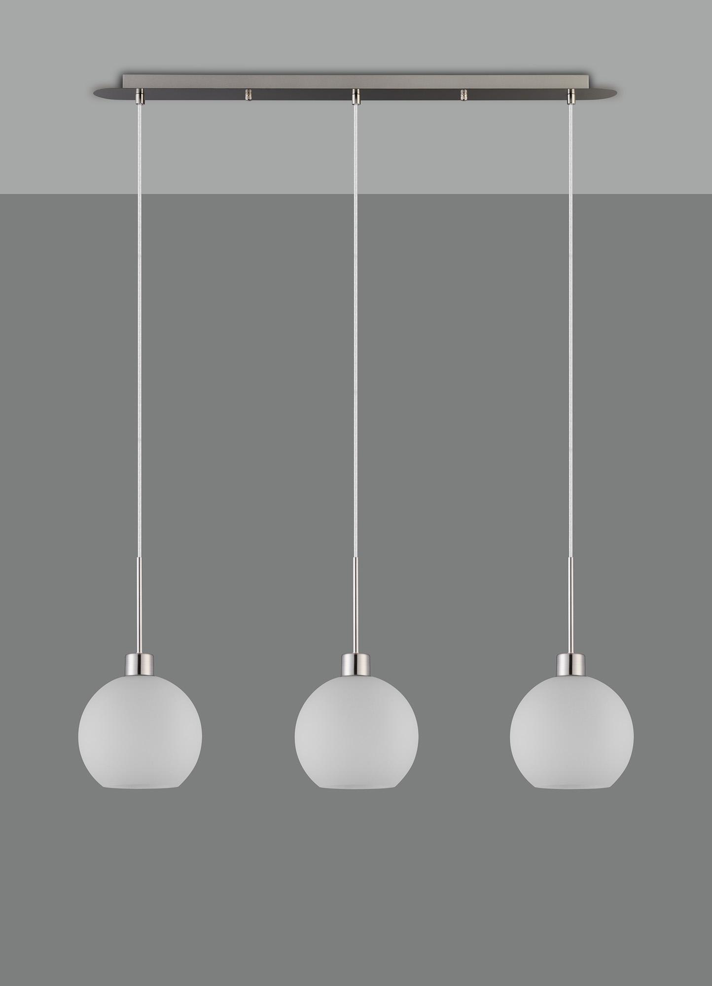 Lori Linear Pendant, 3 Light Adjustable E27, Satin Nickel/Opal Open Mouth Round Globe Shades