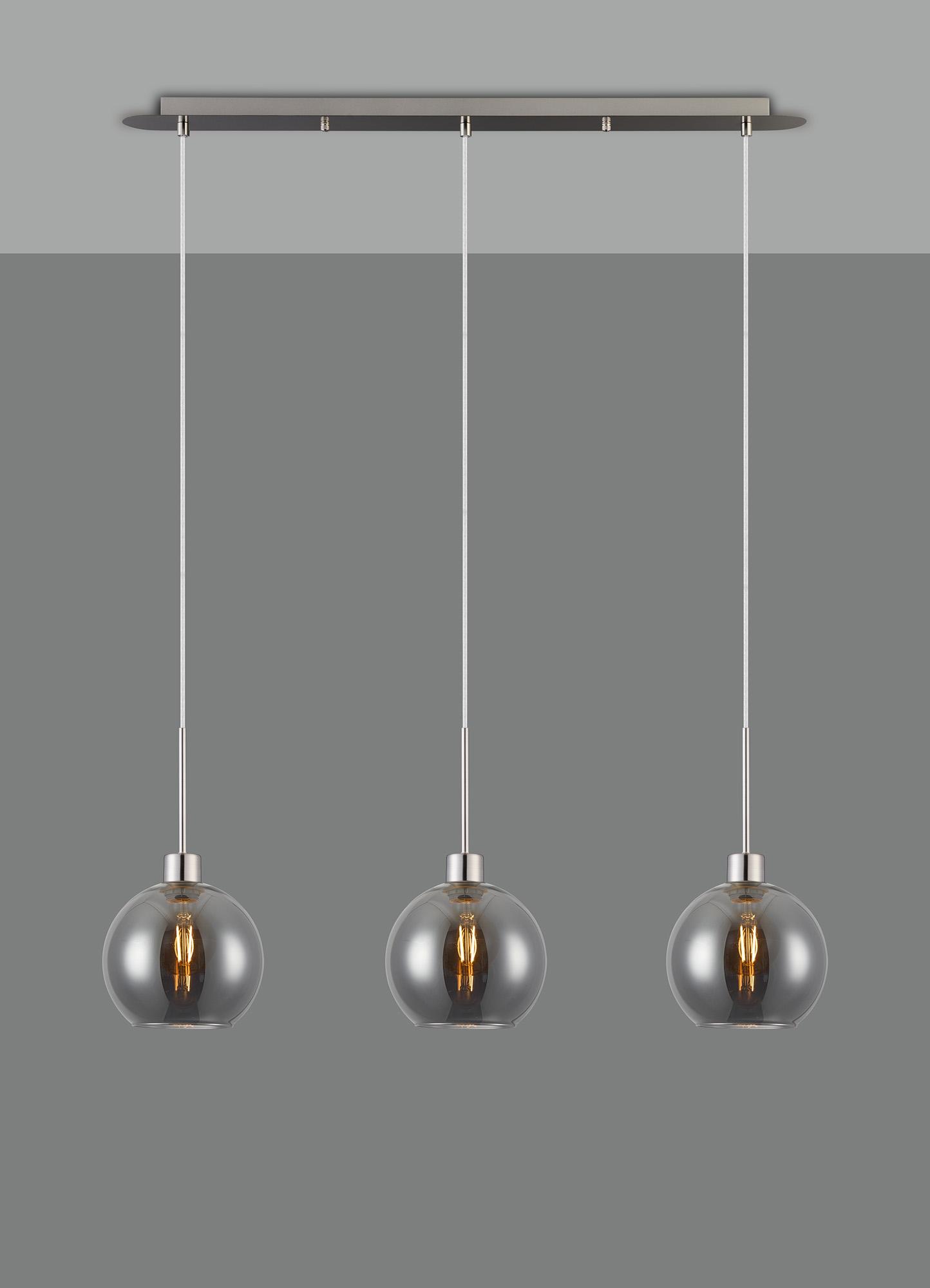 Lori Linear Pendant, 3 Light Adjustable E27, Satin Nickel/Smoke Open Mouth Round Globe Shades