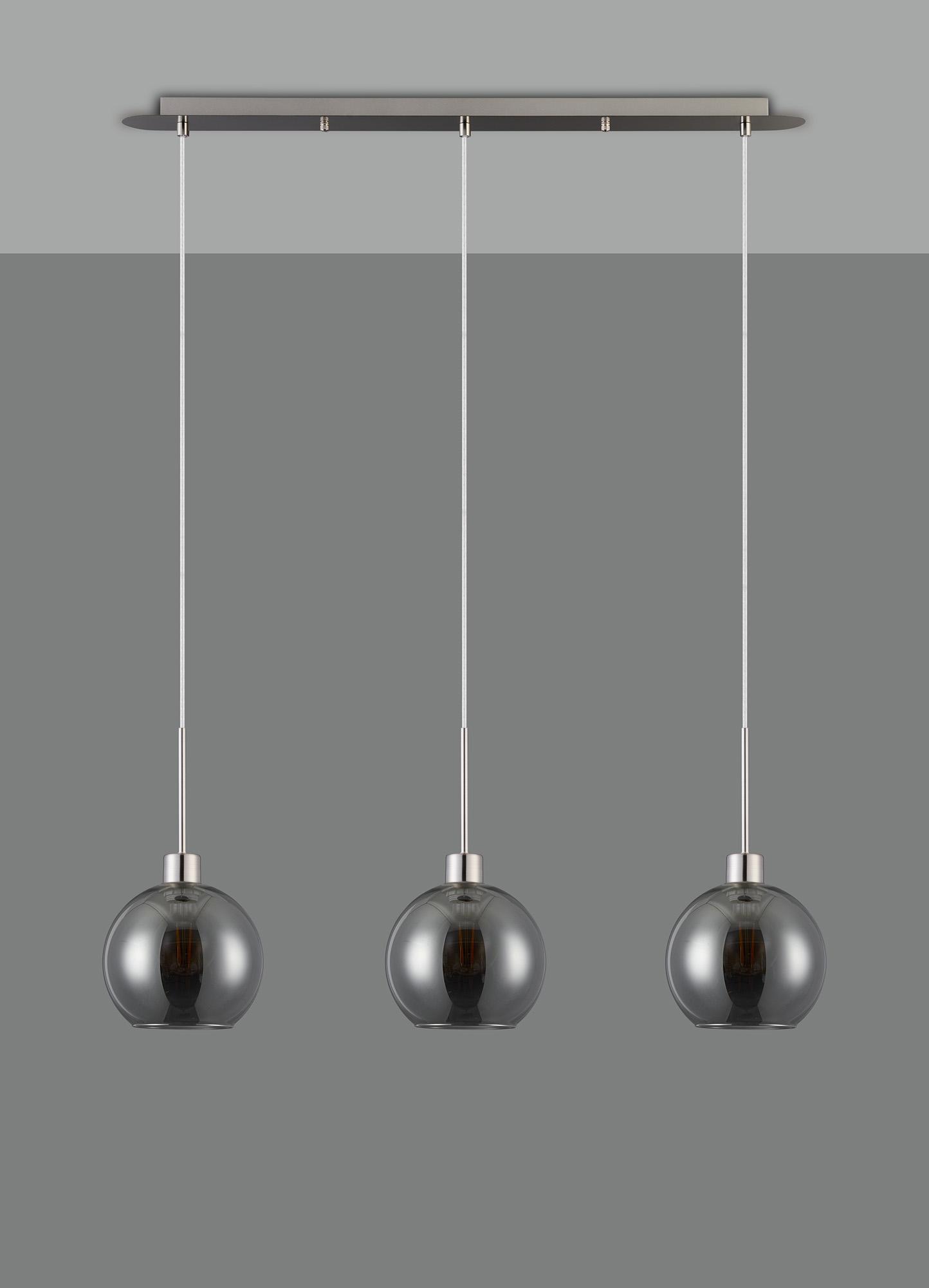 Lori Linear Pendant, 3 Light Adjustable E27, Satin Nickel/Smoke Open Mouth Round Globe Shades