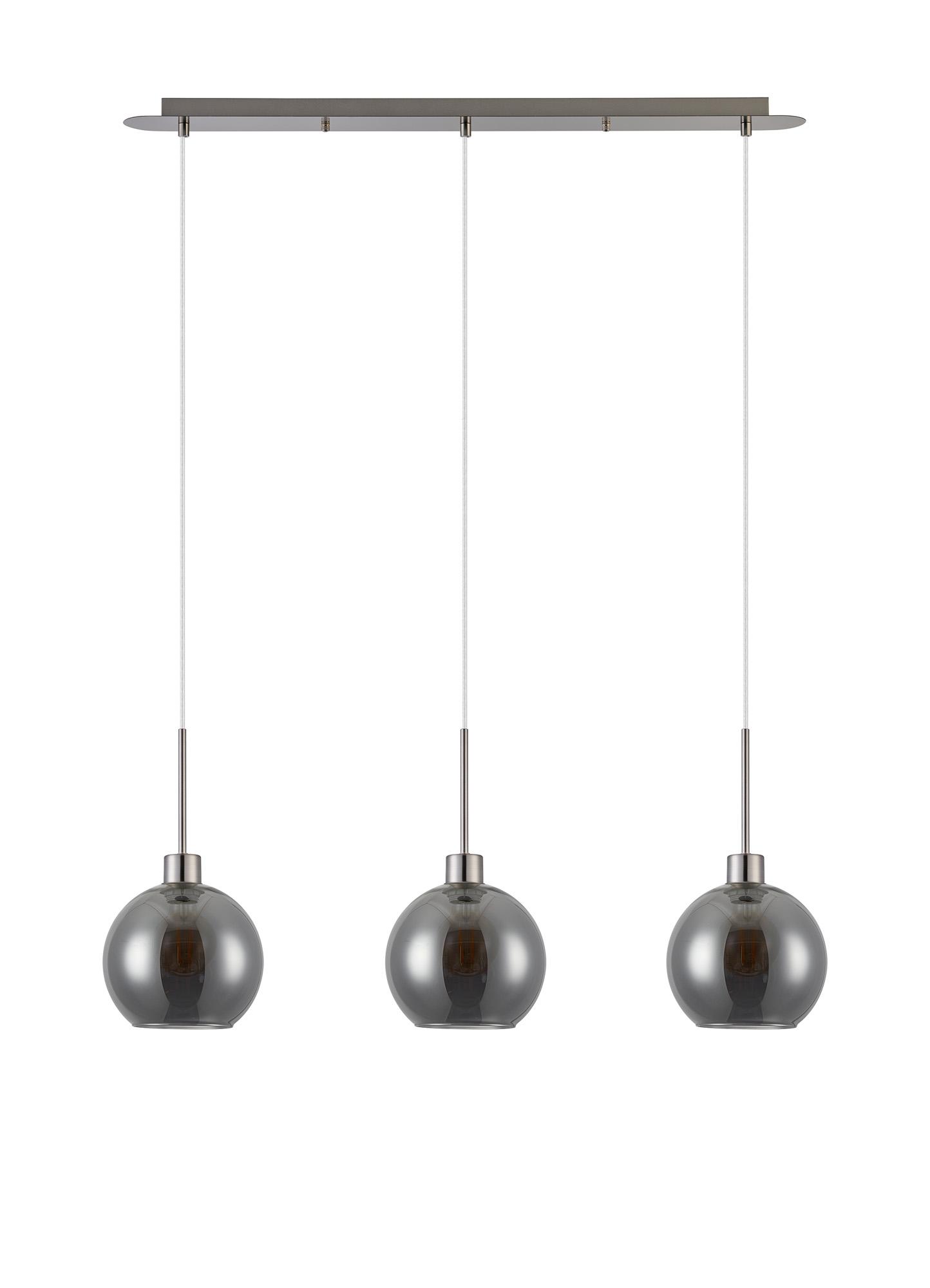 Lori Linear Pendant, 3 Light Adjustable E27, Satin Nickel/Smoke Open Mouth Round Globe Shades