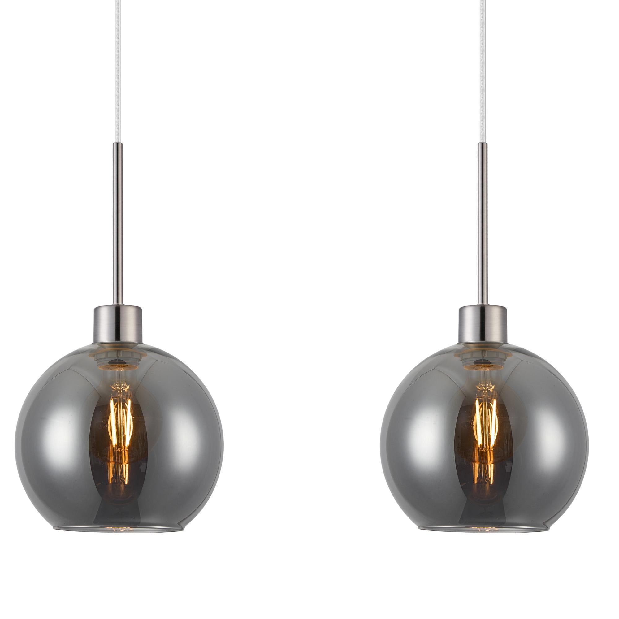 Lori Linear Pendant, 3 Light Adjustable E27, Satin Nickel/Smoke Open Mouth Round Globe Shades
