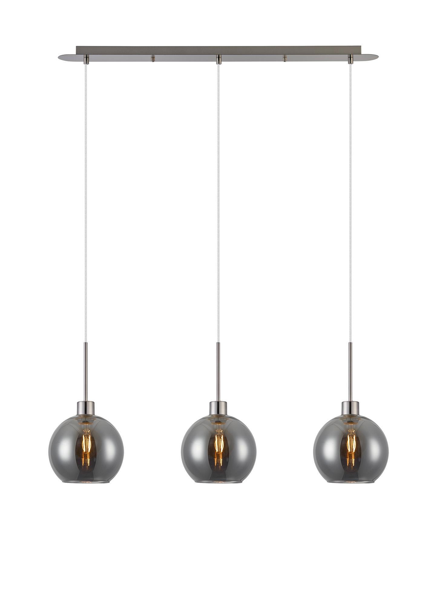 Lori Linear Pendant, 3 Light Adjustable E27, Satin Nickel/Smoke Open Mouth Round Globe Shades
