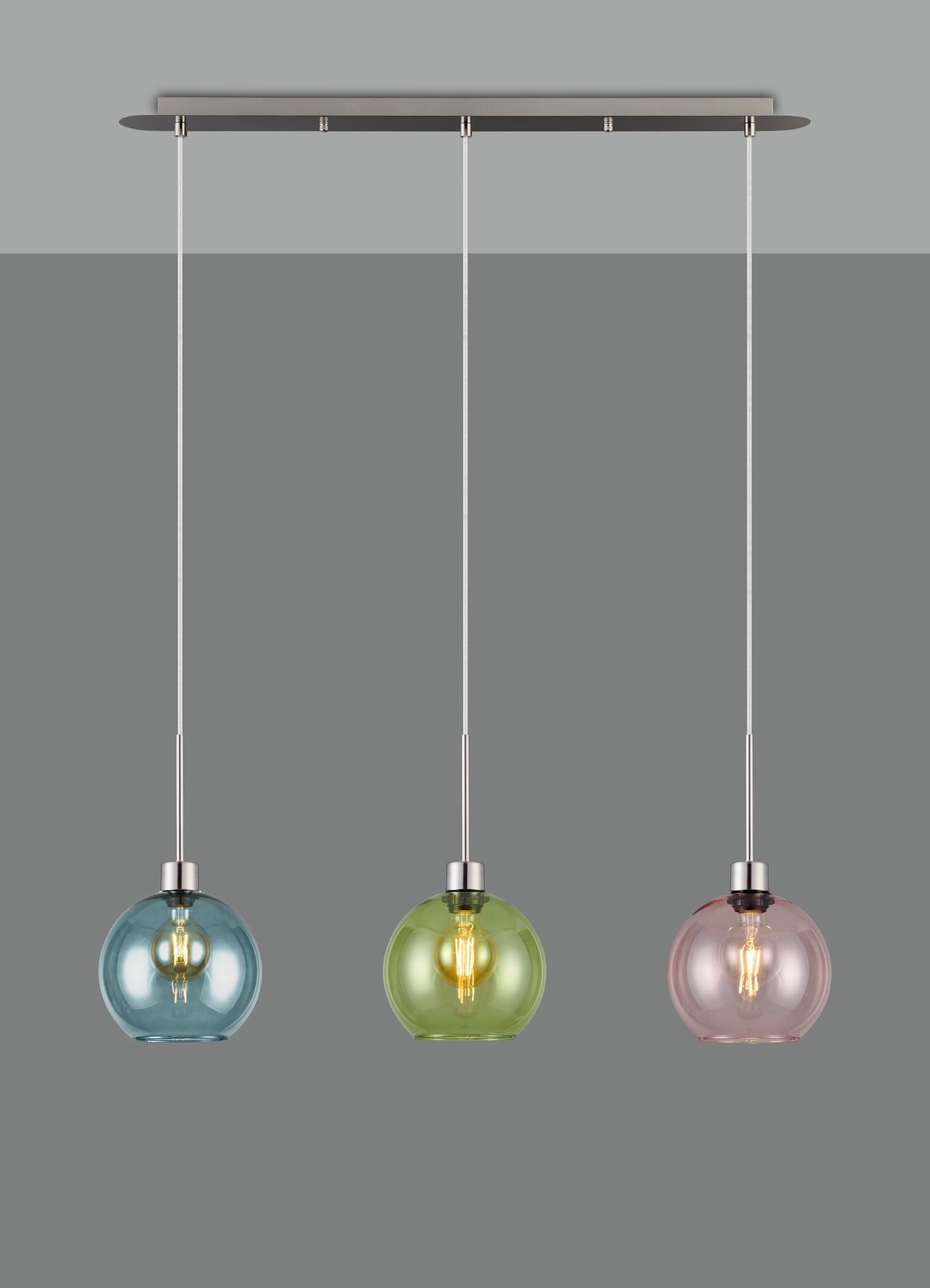 Lori Linear Pendant, 3 Light Adjustable E27, Satin Nickel/Blue/Green/Pink Open Mouth Round Globe Shades